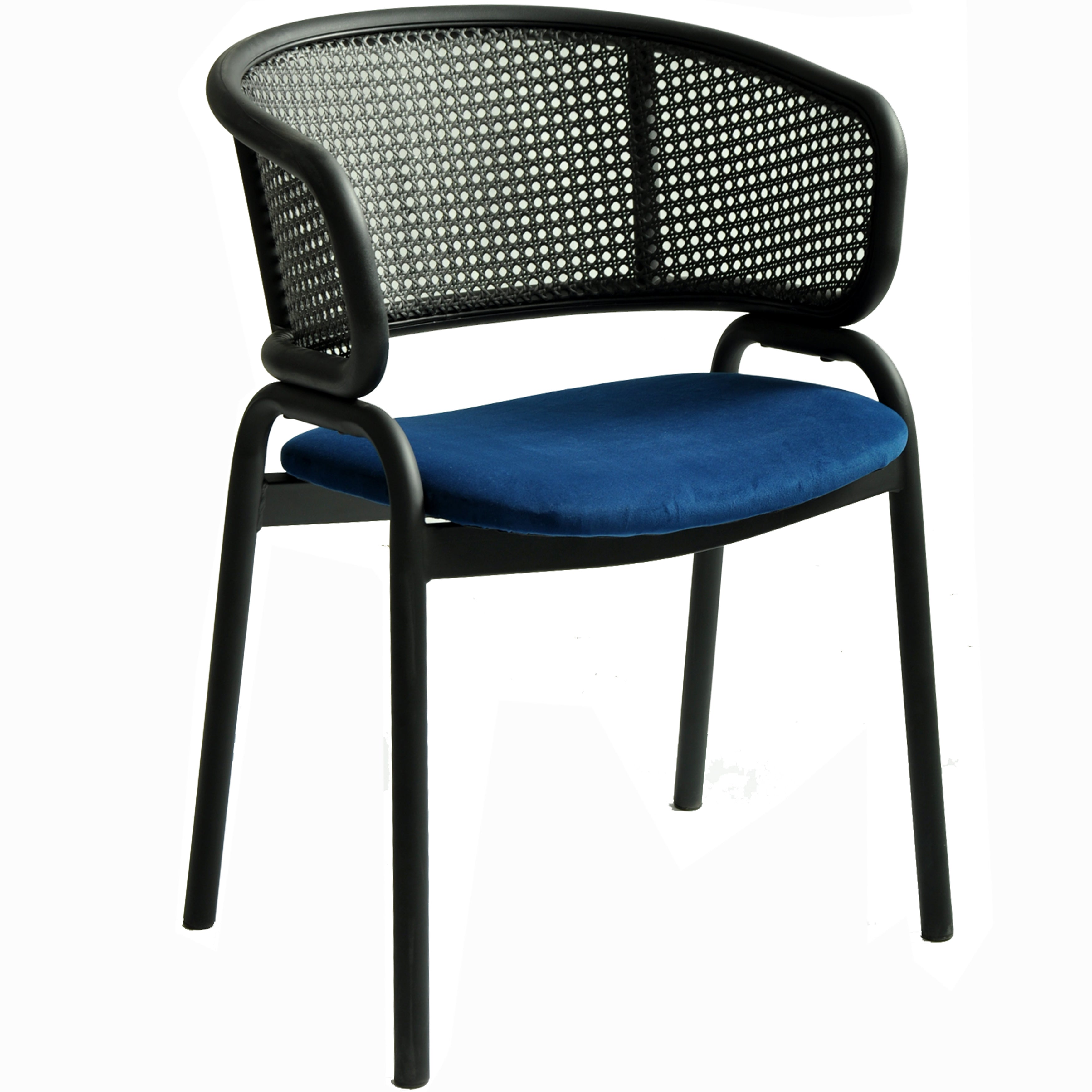 Ervilla Dining Armchair in Black Steel Frame with Black Wicker Back and Navy Blue Seat