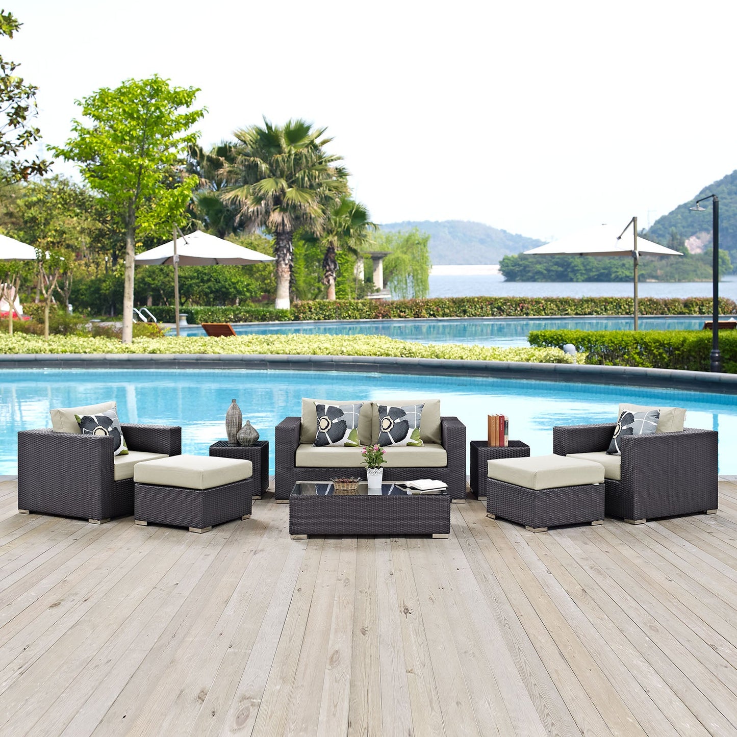 Convene 8 Piece Outdoor Patio Sofa Set Espresso Beige Color