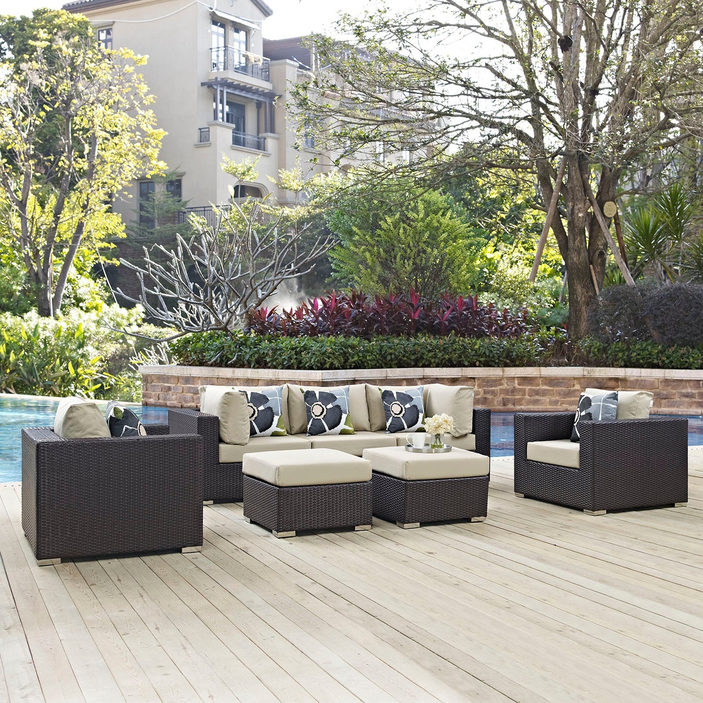 Convene 7 Piece Outdoor Patio Sectional Set Espresso Beige