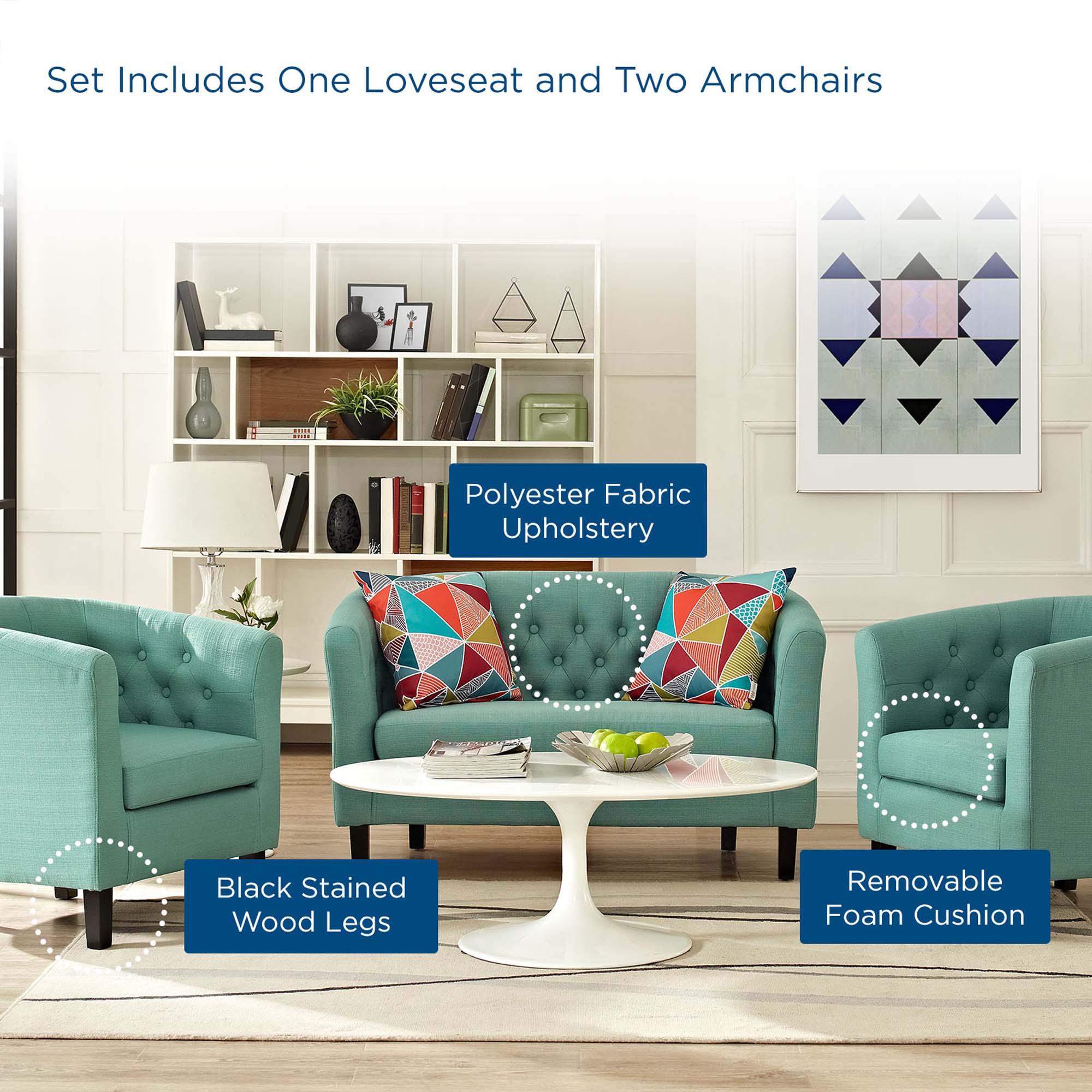 Prospect 3 Piece Upholstered Fabric Loveseat and Armchair Set