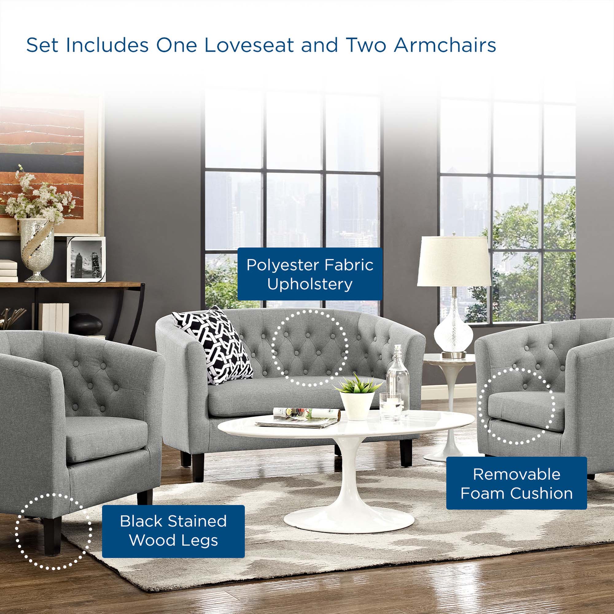 Prospect 3 Piece Upholstered Fabric Loveseat and Armchair Set