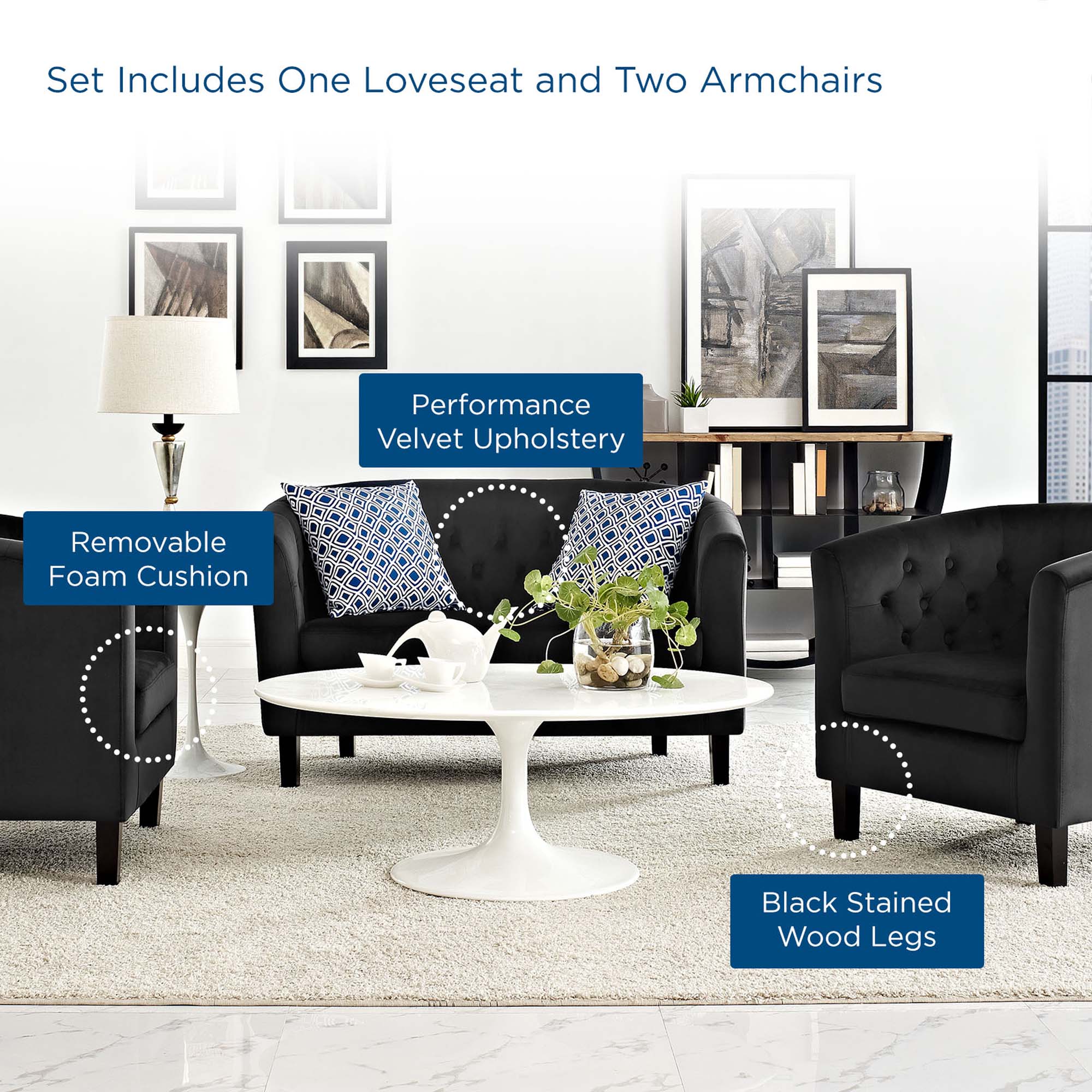 Prospect 3 Piece Performance Velvet Loveseat and Armchair Set