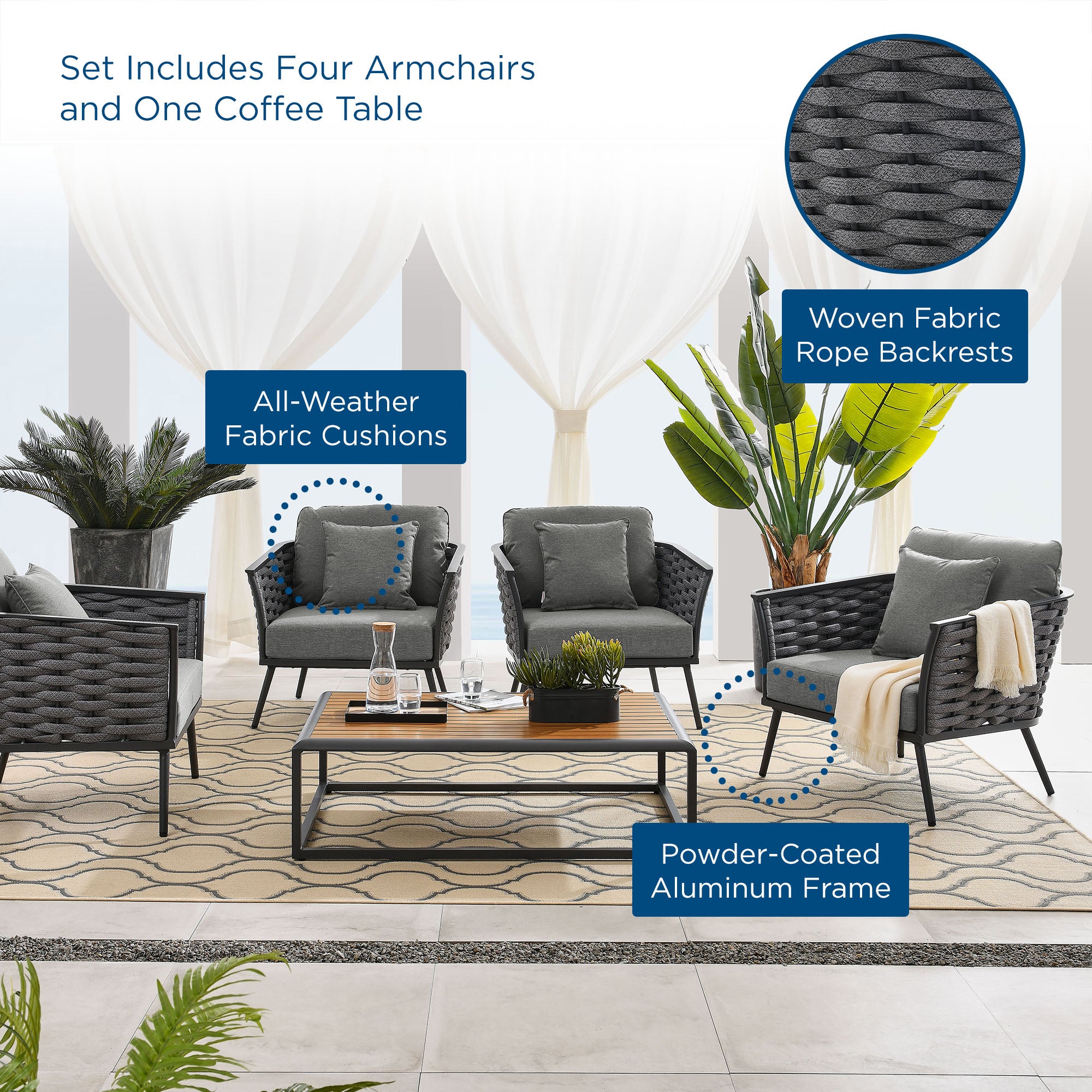 Stance 5 Piece Outdoor Patio Aluminum Sectional Sofa Set