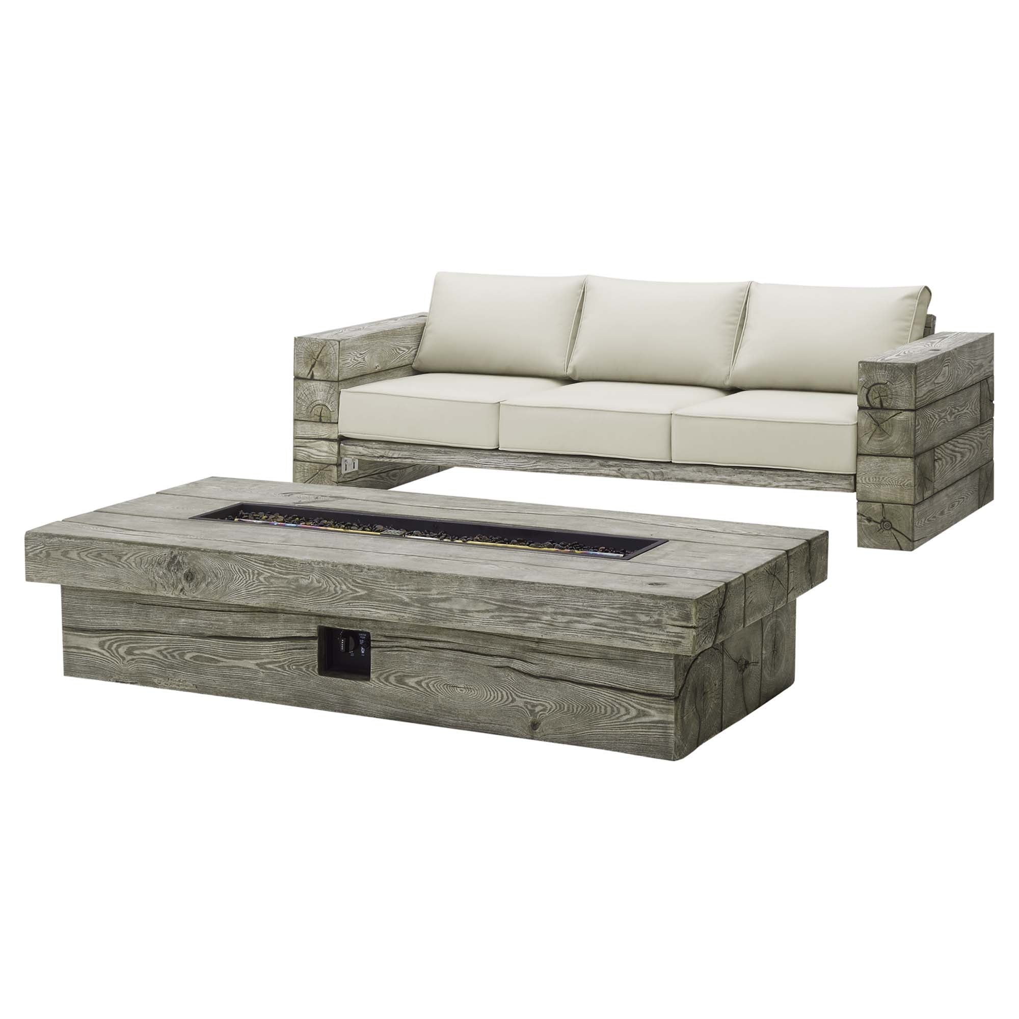 Manteo Rustic Coastal Outdoor Patio Sunbrella® Sofa and Fire Pit Set