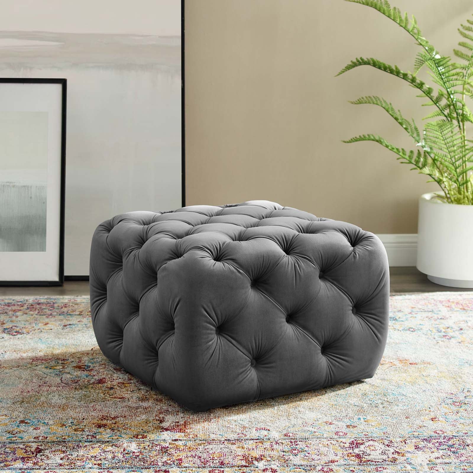 Amour Tufted Button Square Performance Velvet Ottoman