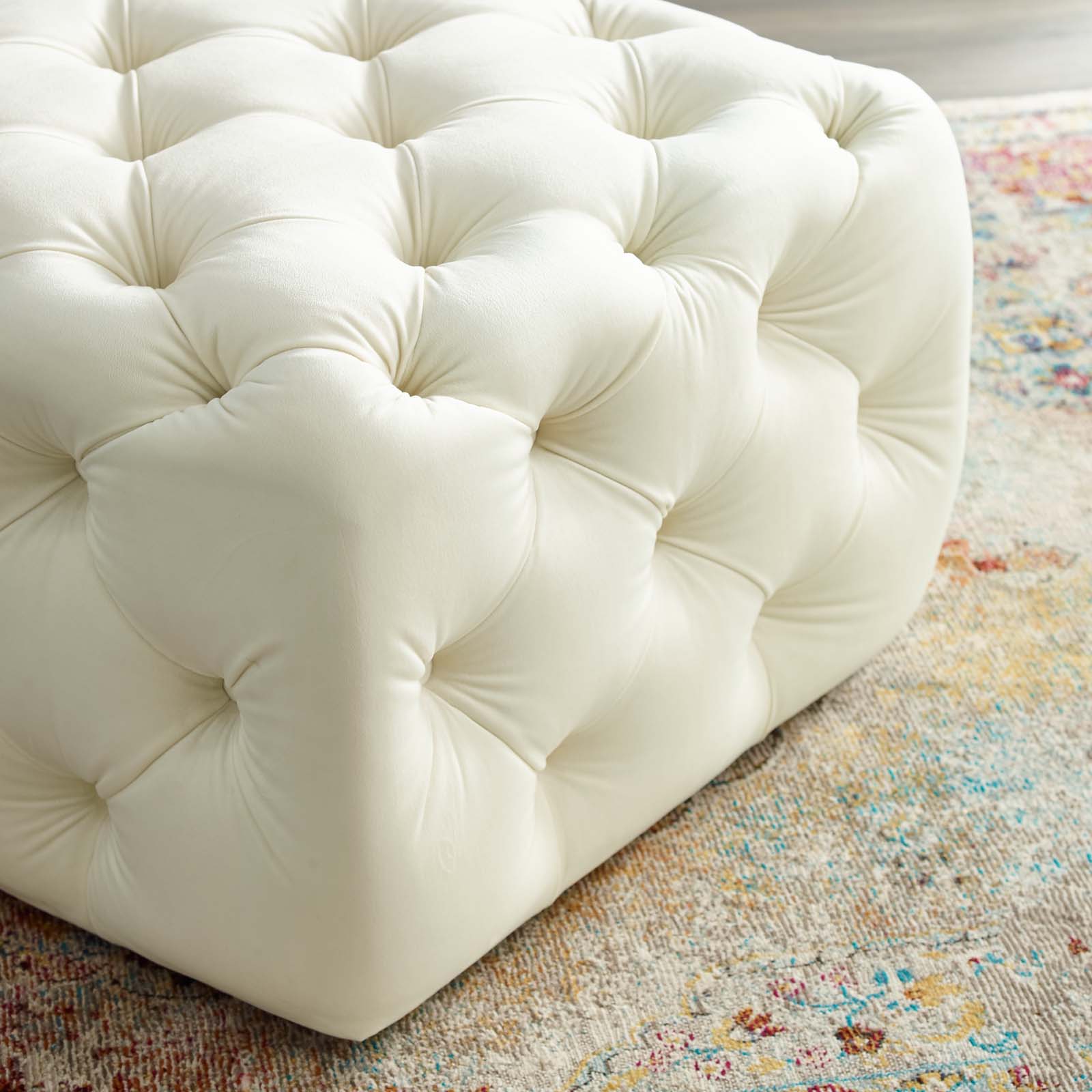 Amour Tufted Button Square Performance Velvet Ottoman