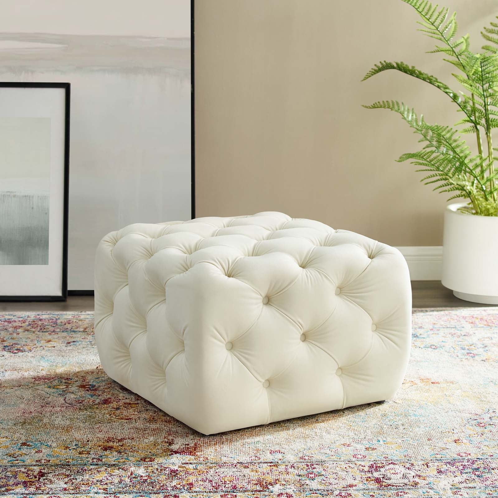 Amour Tufted Button Square Performance Velvet Ottoman