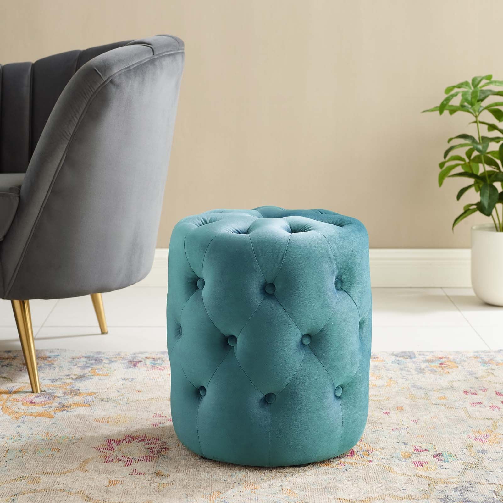 Amour Tufted Button Round Performance Velvet Ottoman