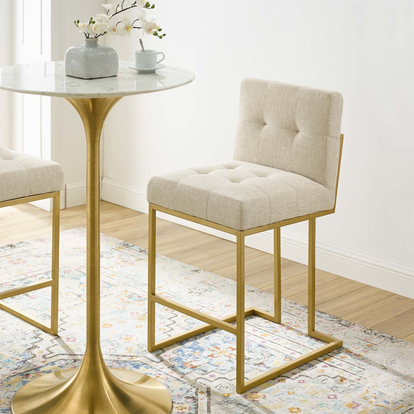 Privy Gold Stainless Steel Upholstered Fabric Counter Stool