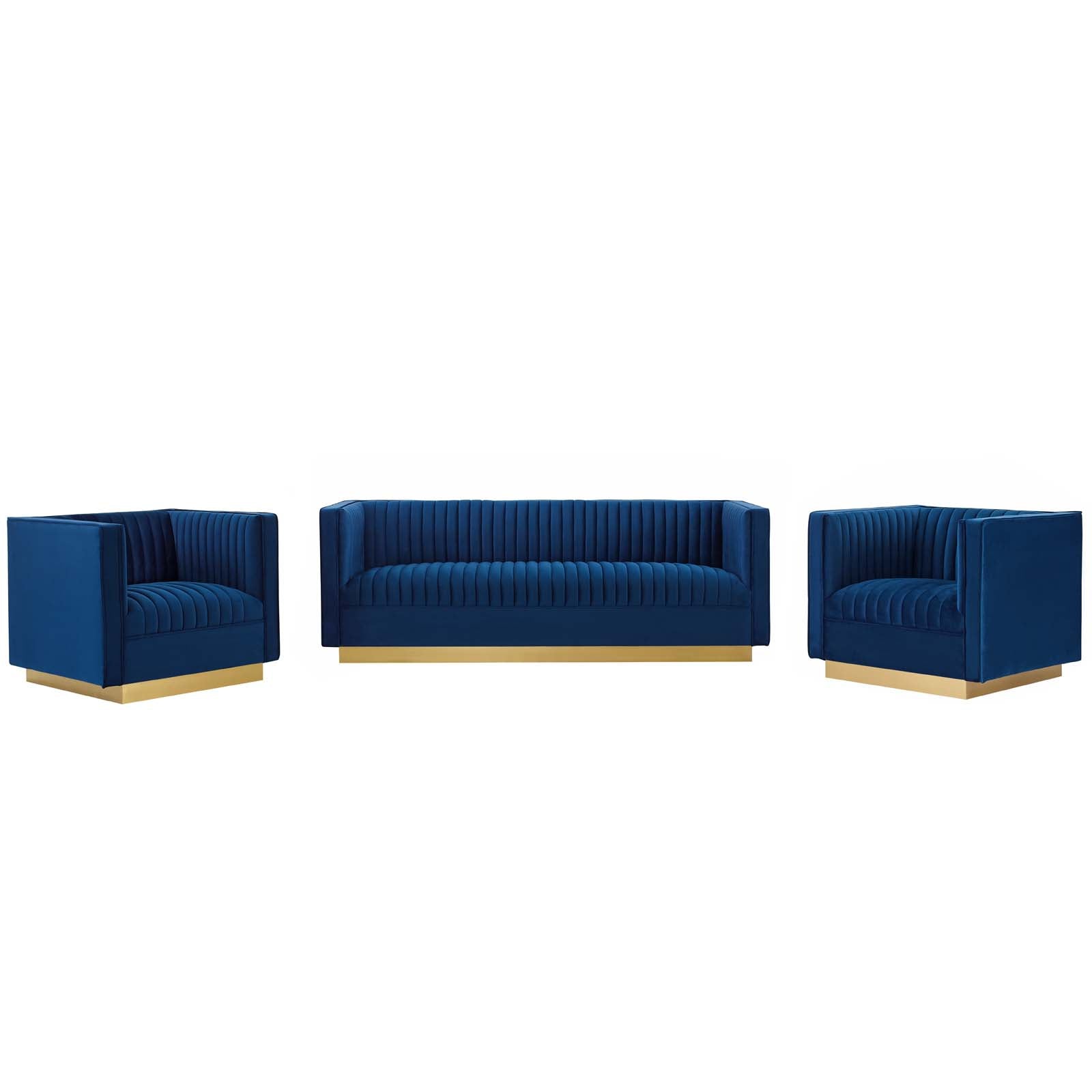 Sanguine 3 Piece Vertical Channel Tufted Upholstered Performance Velvet Set