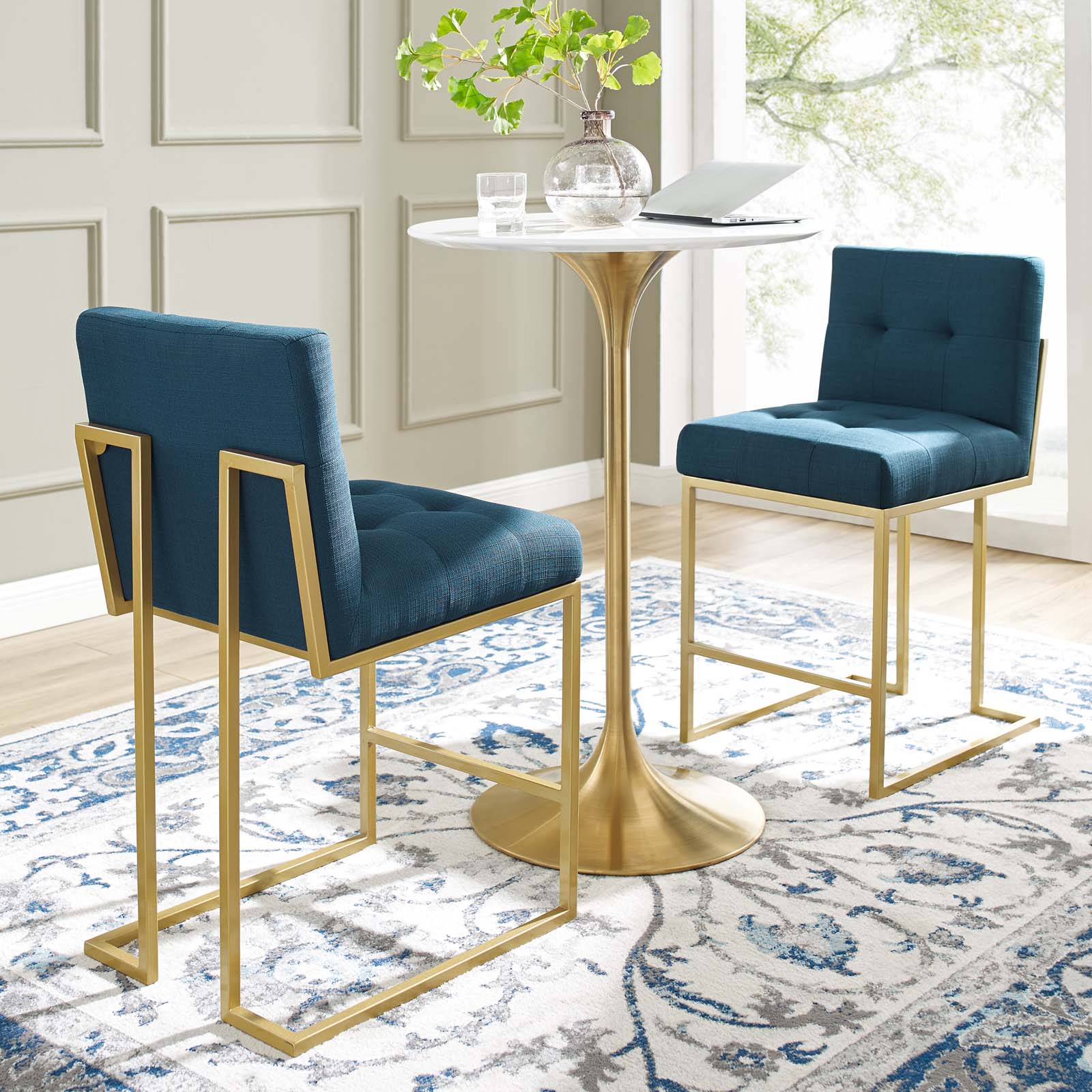 Privy Gold Stainless Steel Upholstered Fabric Counter Stool Set of 2