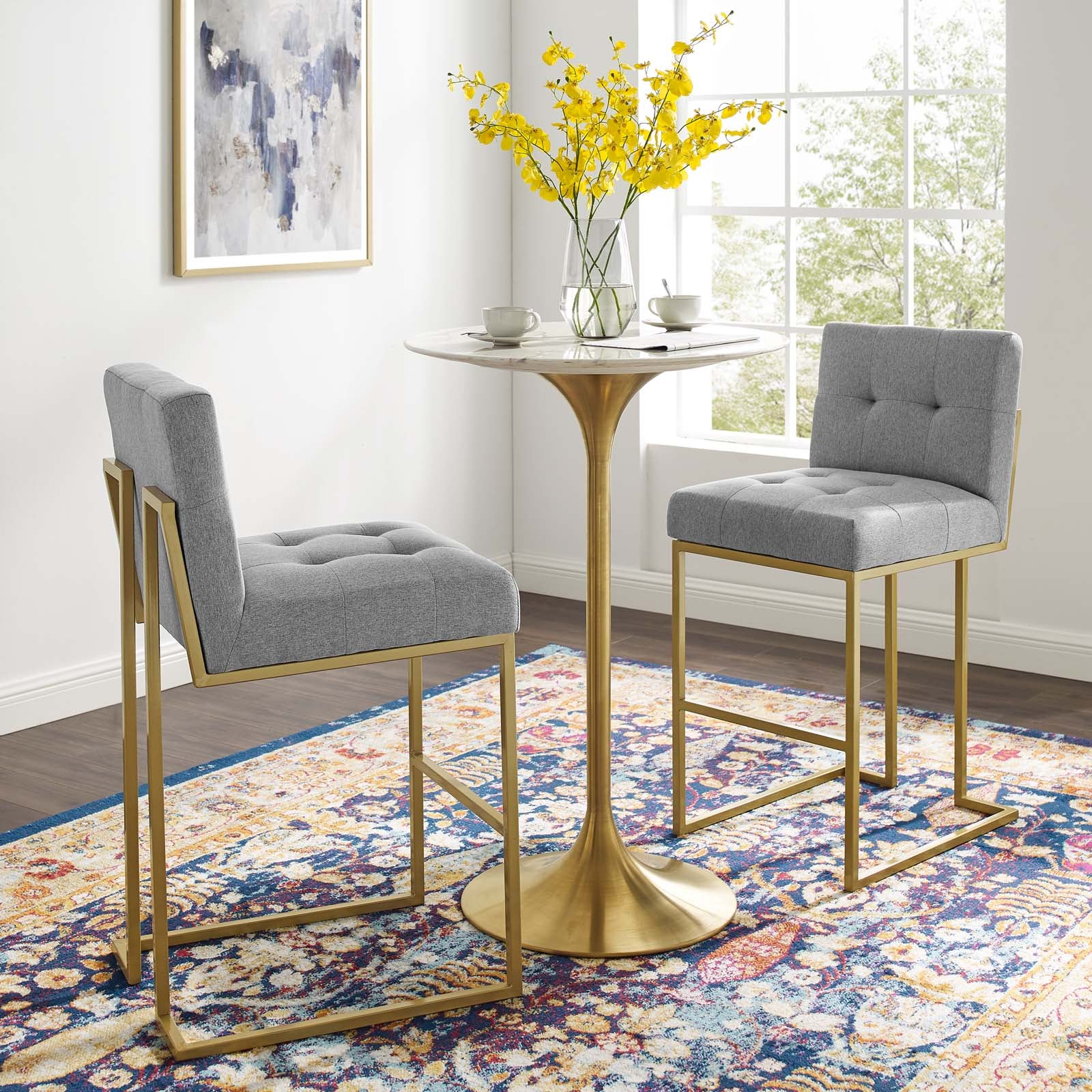 Privy Gold Stainless Steel Upholstered Fabric Bar Stool Set of 2