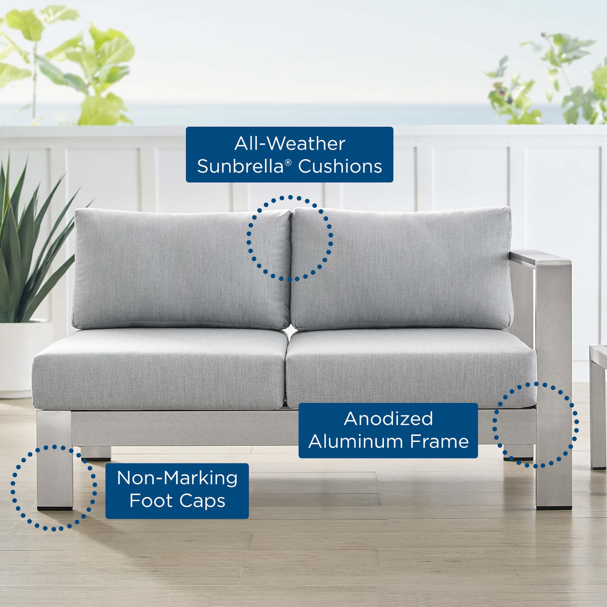 Shore Sunbrella® Fabric Aluminum Outdoor Patio Right-Arm Loveseat