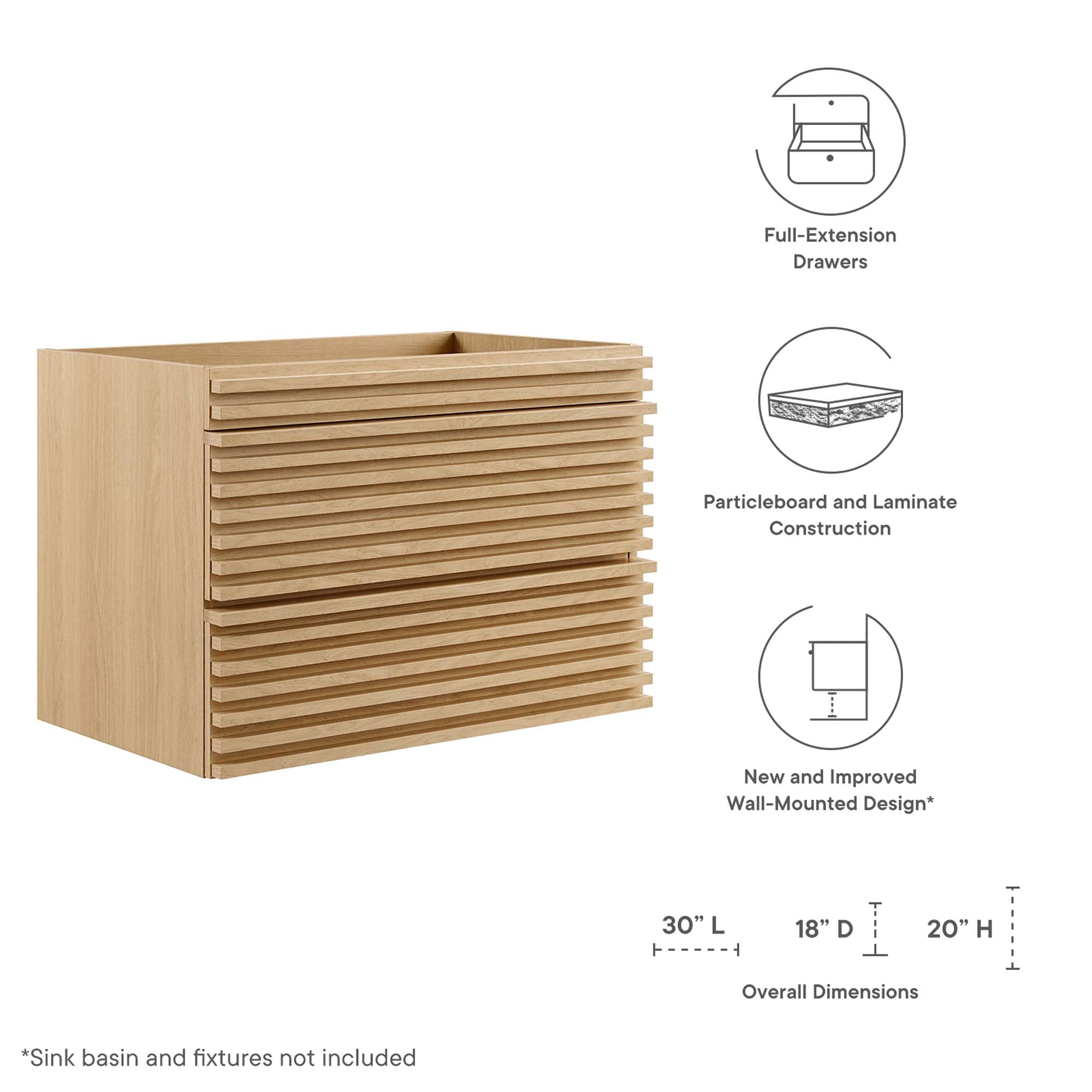 Render 30" Wall-Mount Bathroom Vanity Cabinet (Sink Basin Not Included)