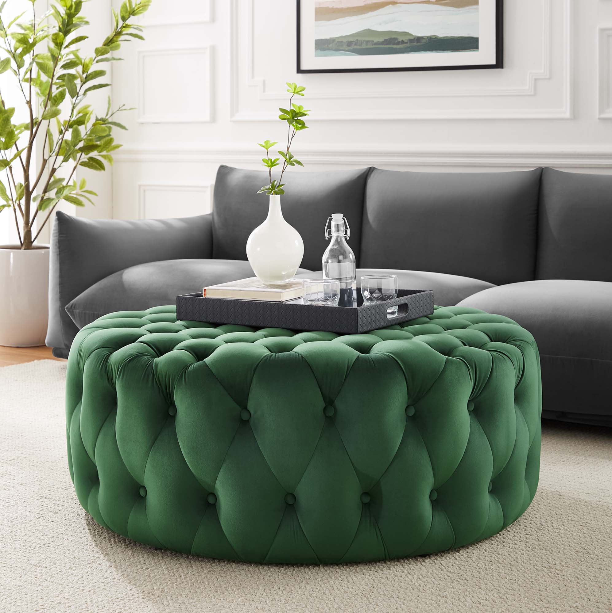 Amour Tufted Button Large Round Performance Velvet Ottoman