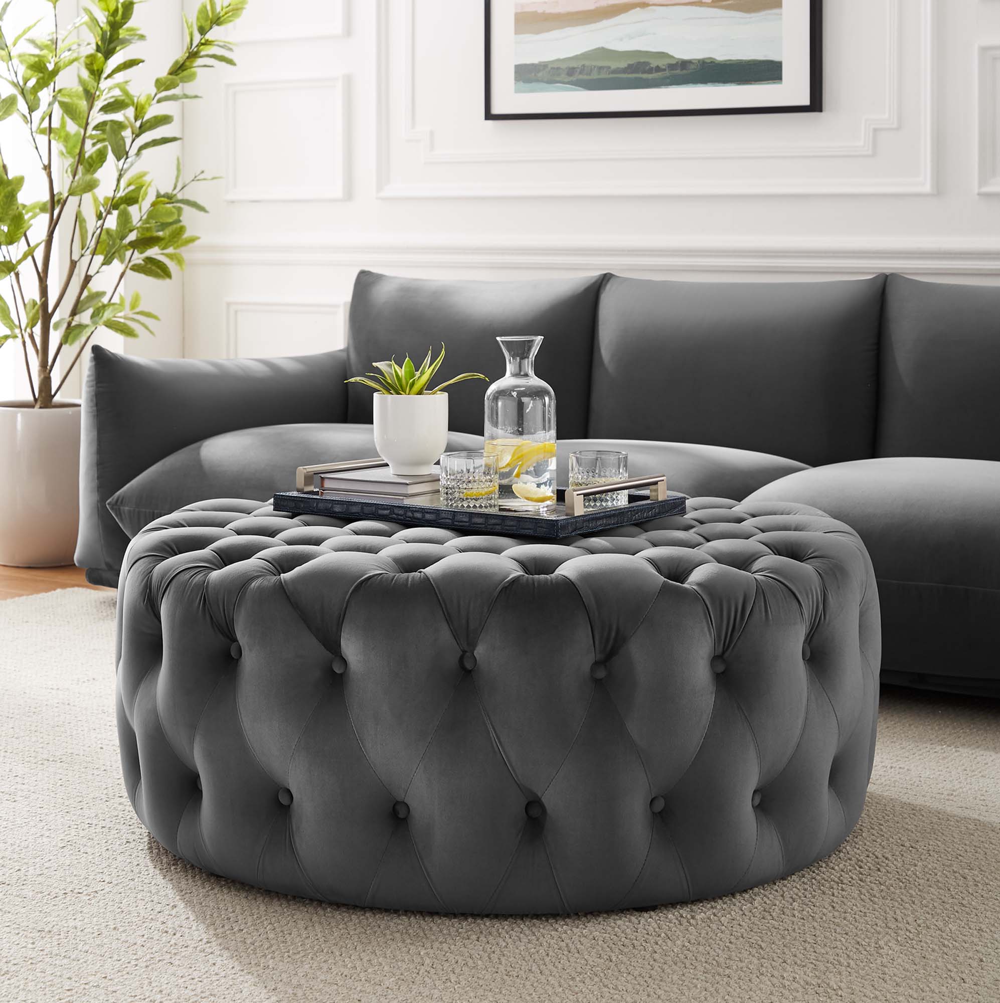 Amour Tufted Button Large Round Performance Velvet Ottoman