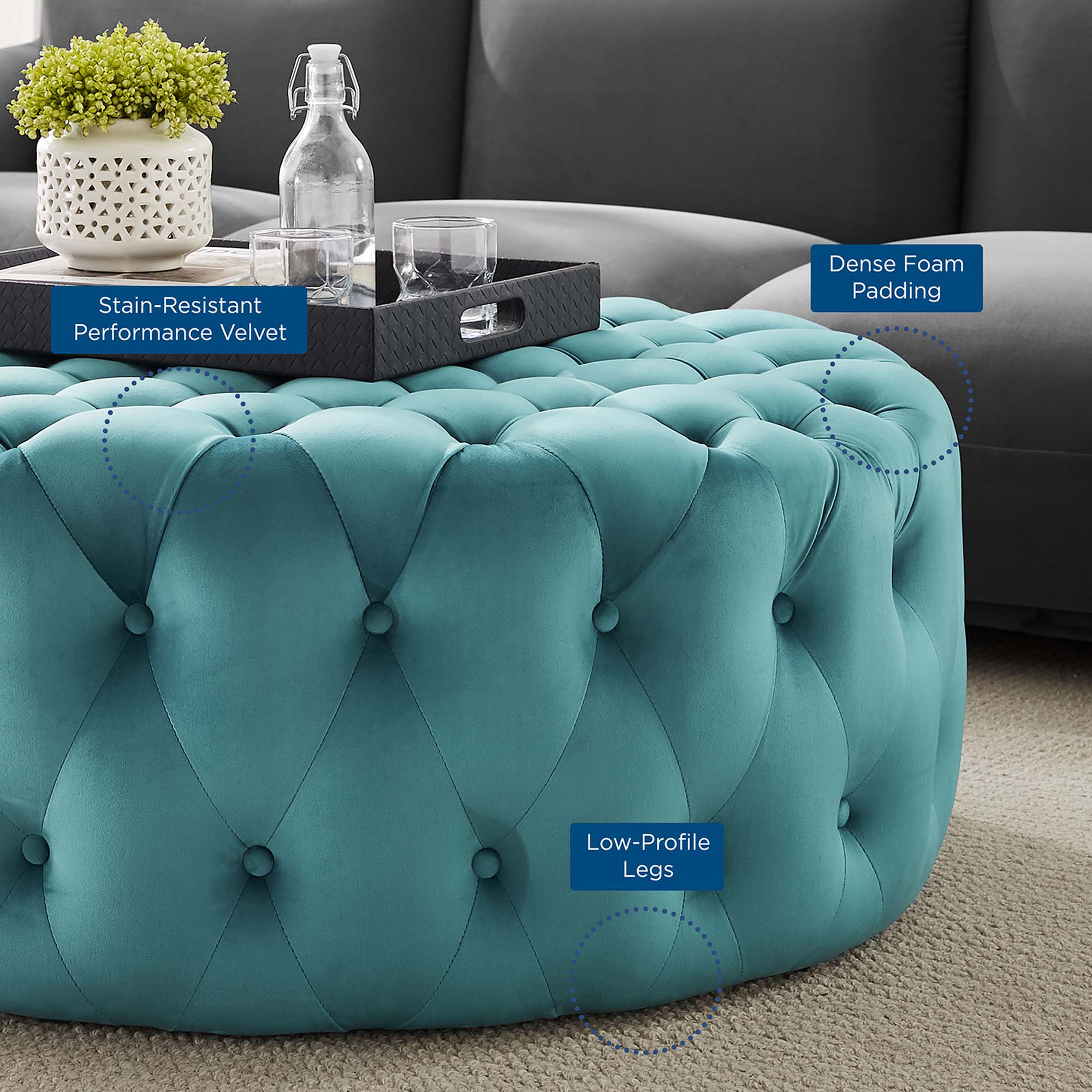 Amour Tufted Button Large Round Performance Velvet Ottoman