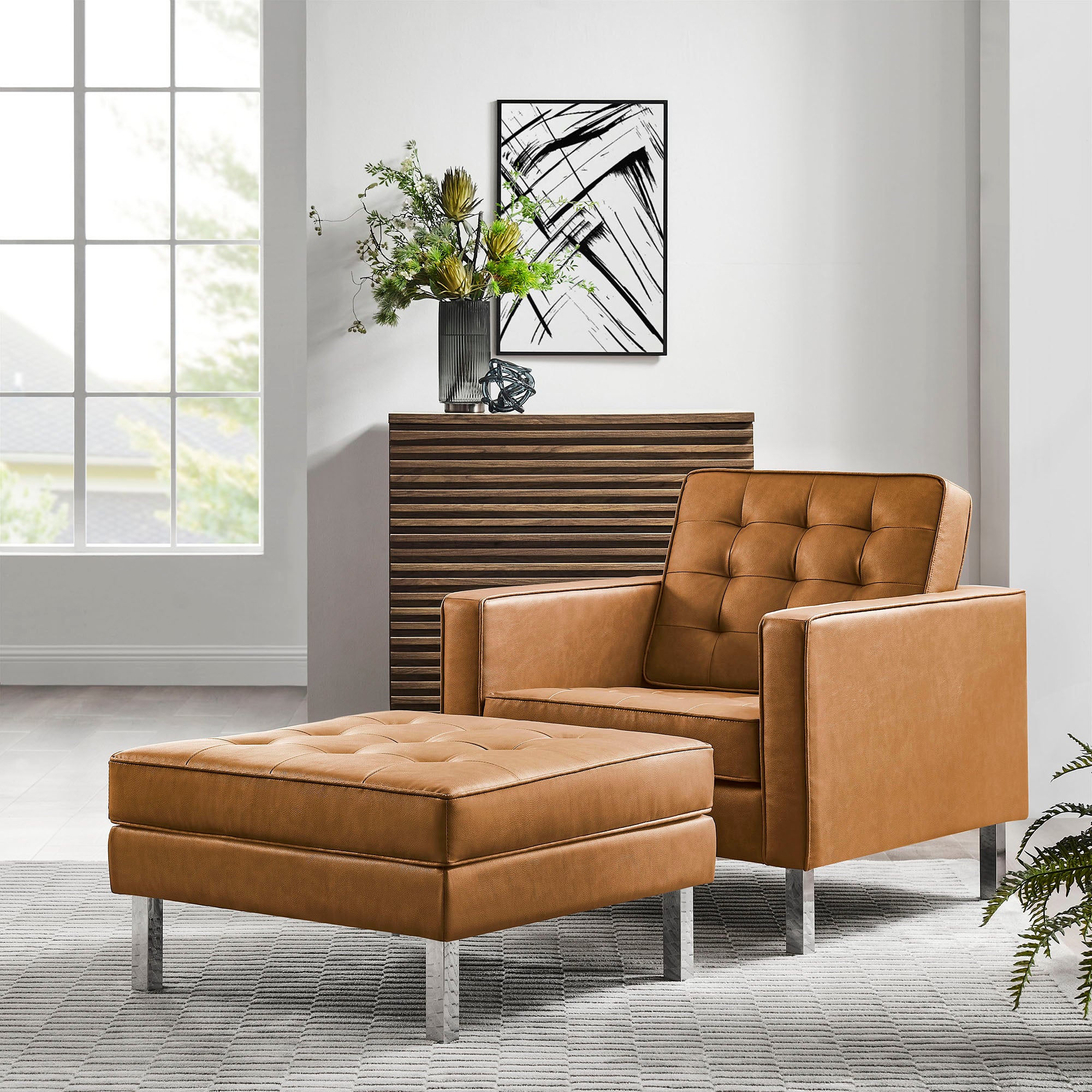 Loft Tufted Vegan Leather Armchair and Ottoman Set