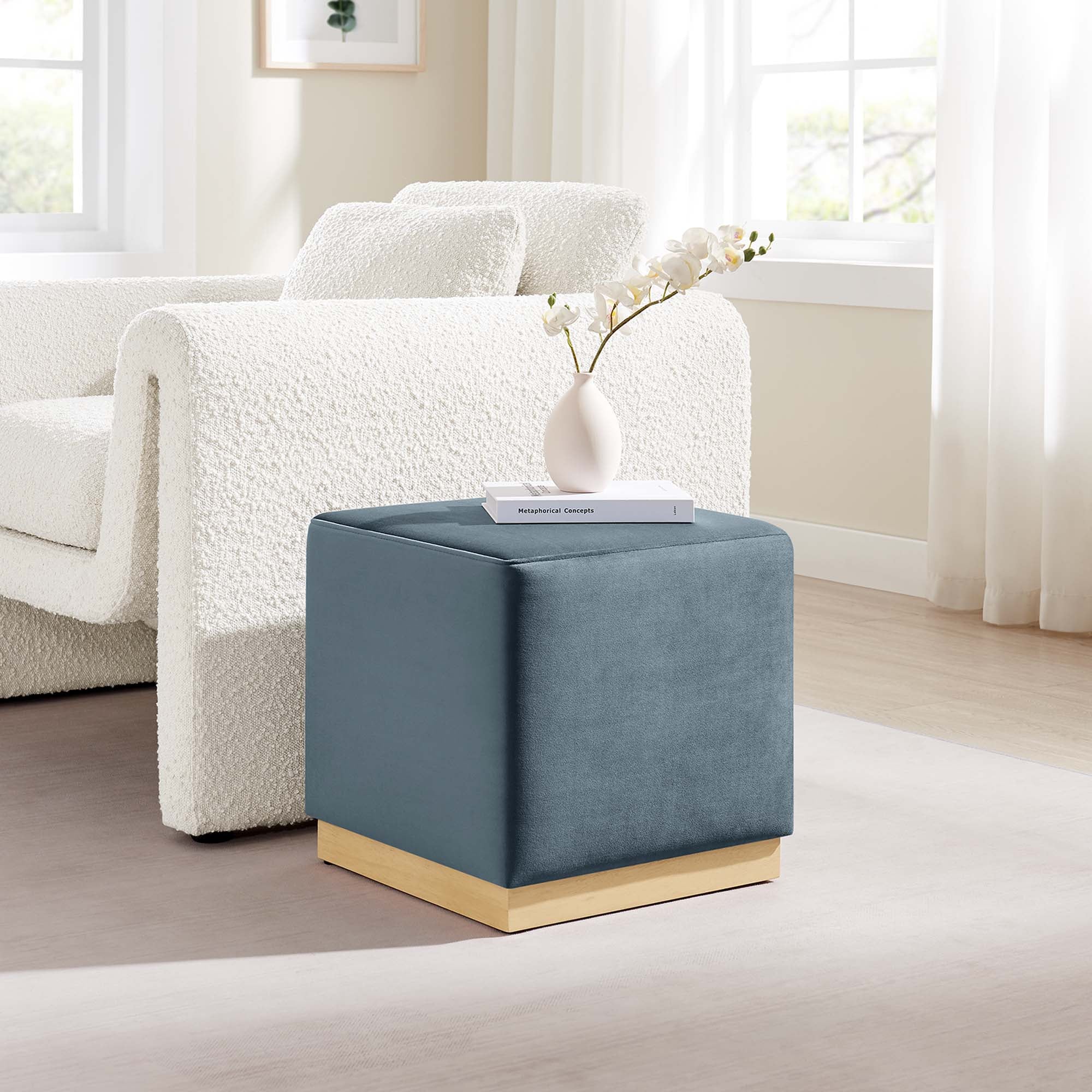 Tilden 17" Square Performance Velvet Upholstered Ottoman