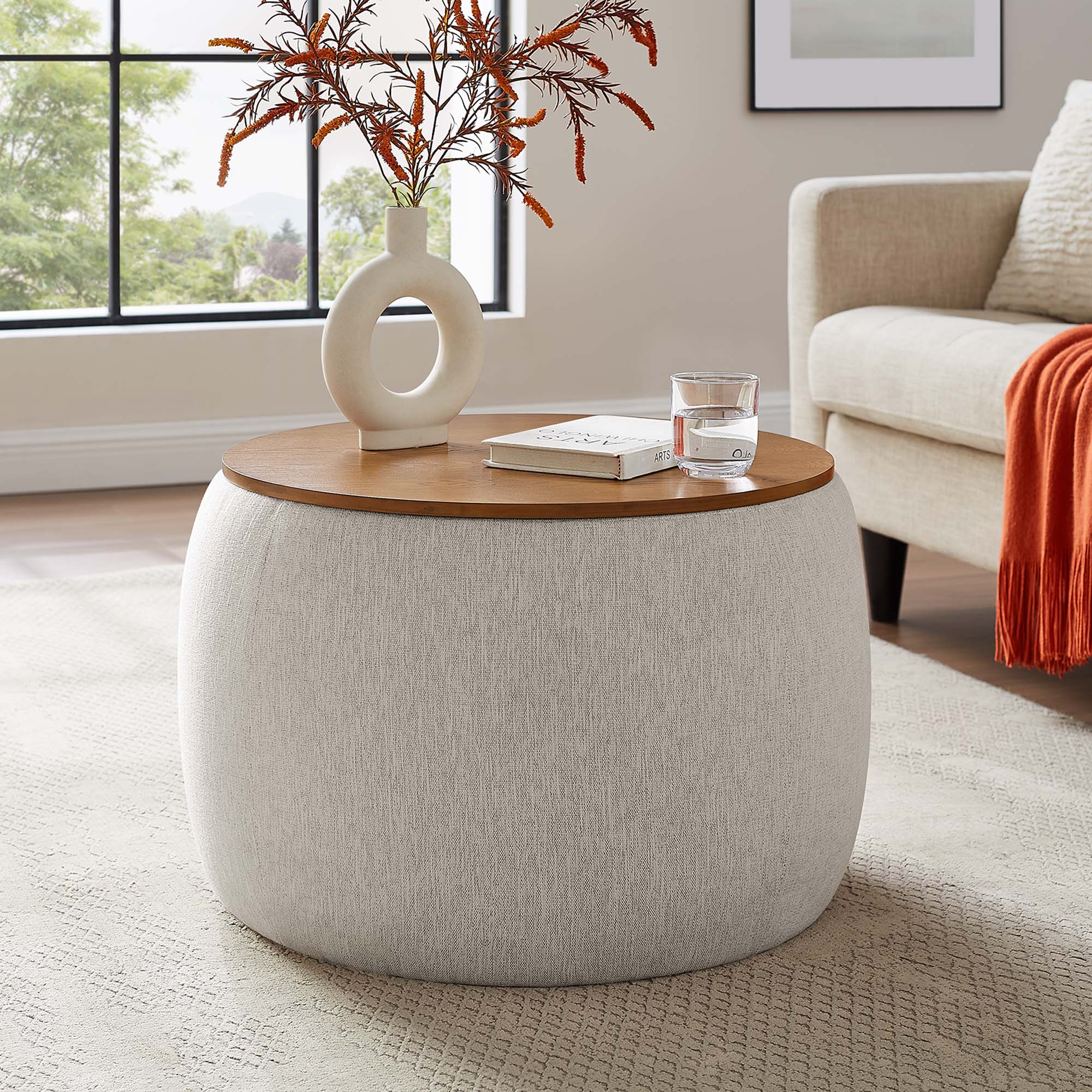 Perla Woven Heathered Fabric Upholstered Storage Ottoman