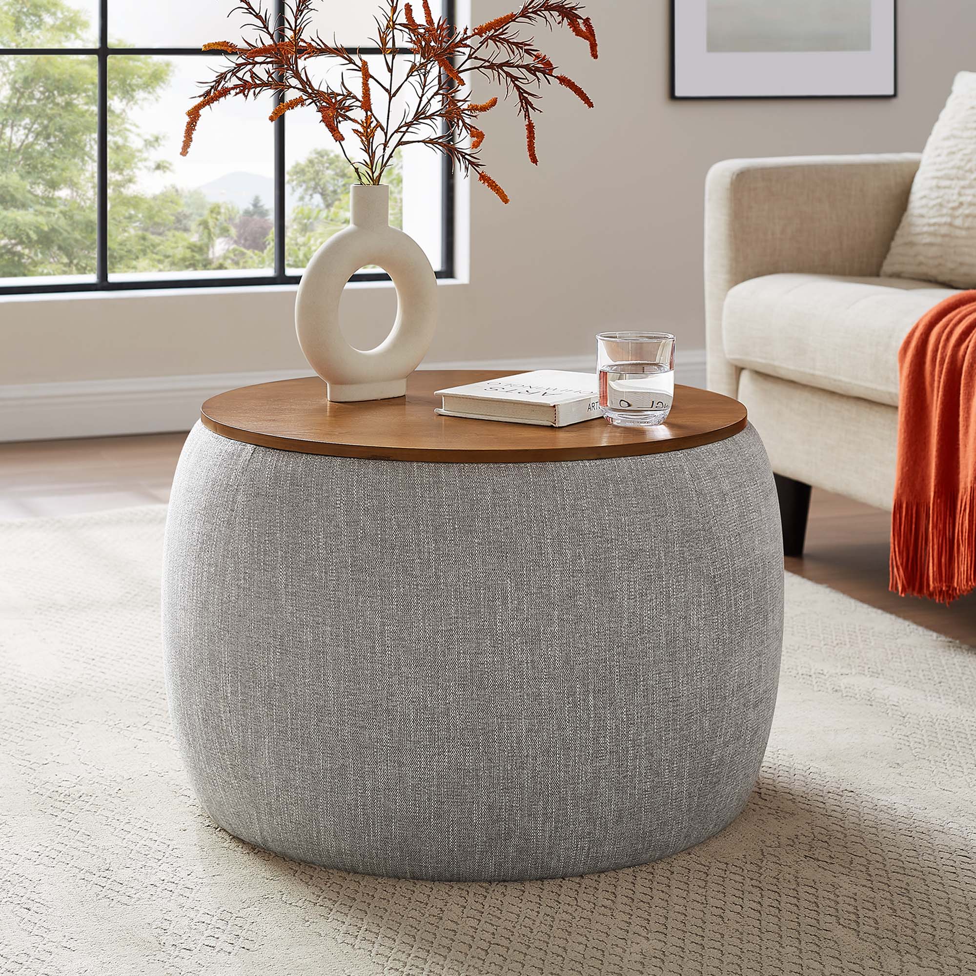 Perla Woven Heathered Fabric Upholstered Storage Ottoman