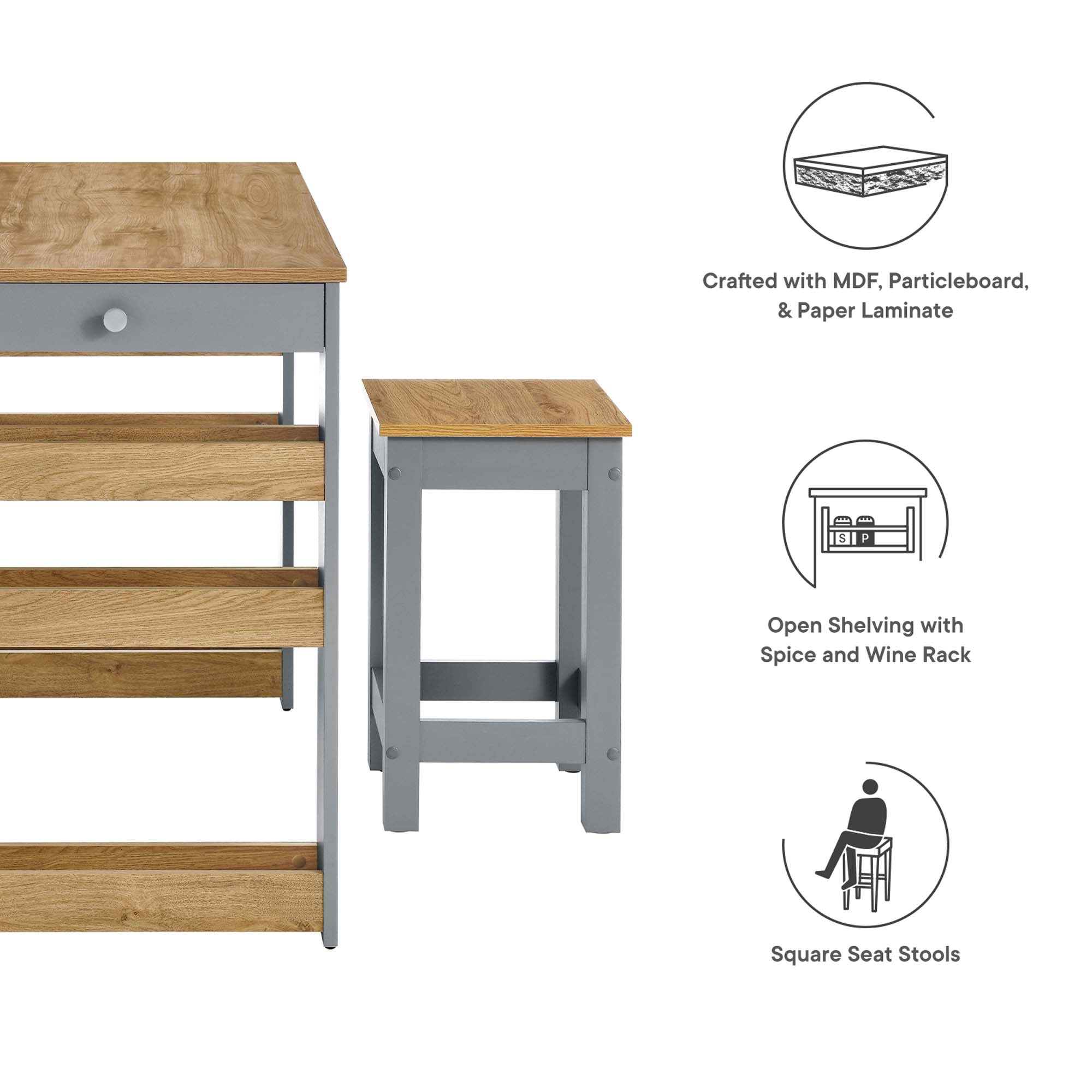 Galley 3-Piece Kitchen Island and Stool Set