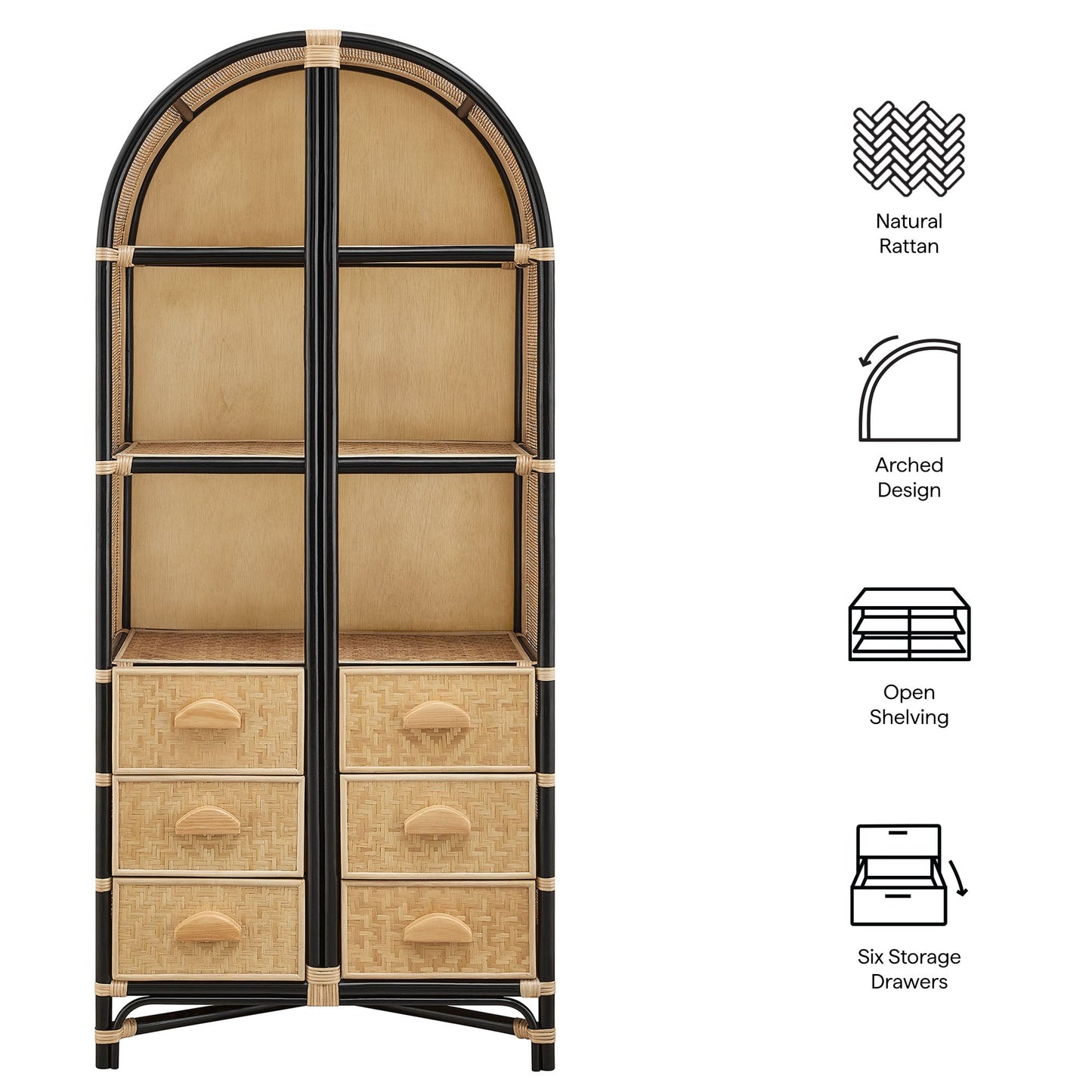 Jane 71 Inch Tall Arched Natural Rattan Bookshelf