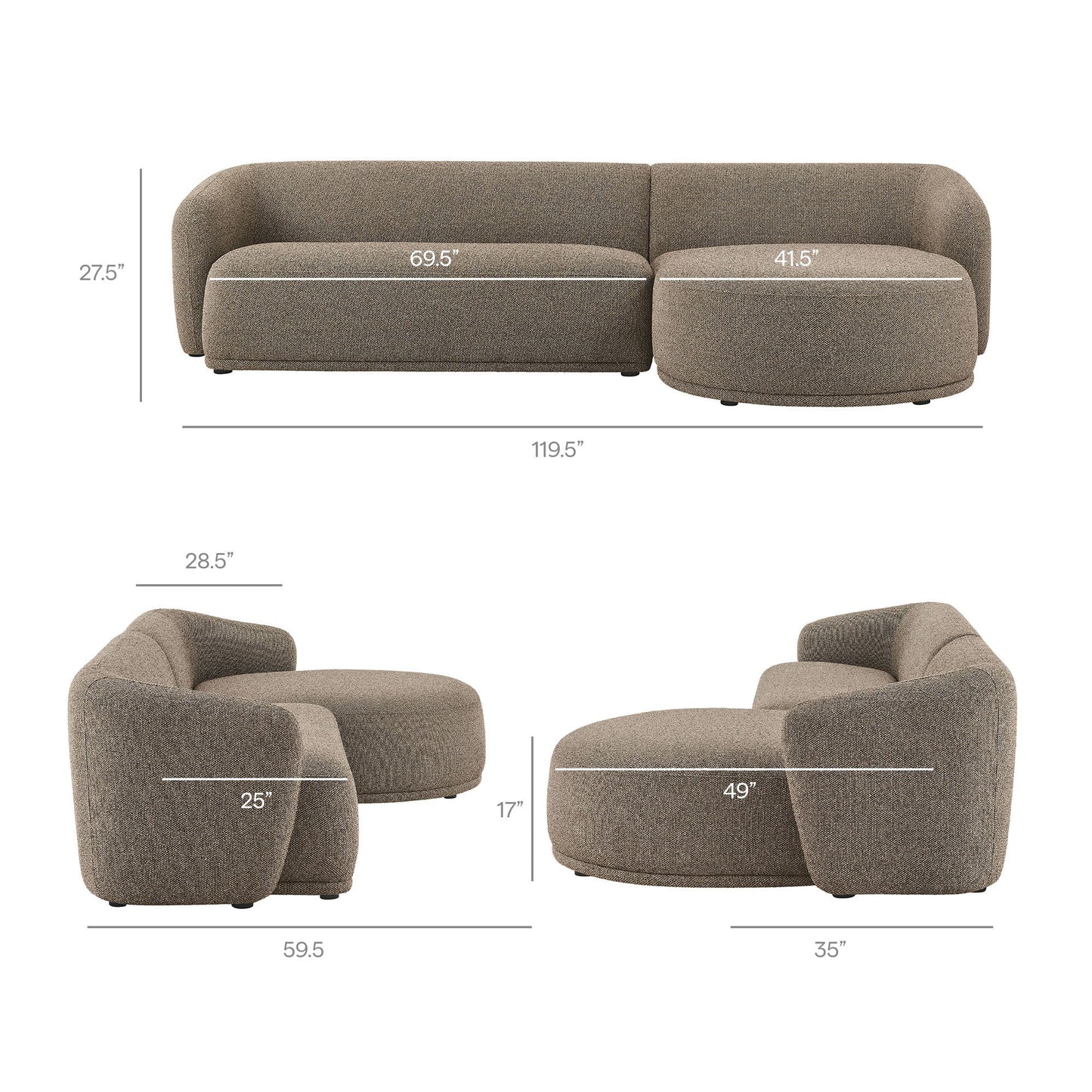 Monica 2 Piece Right Facing Boucle Fabric Modular Sofa with Chaise