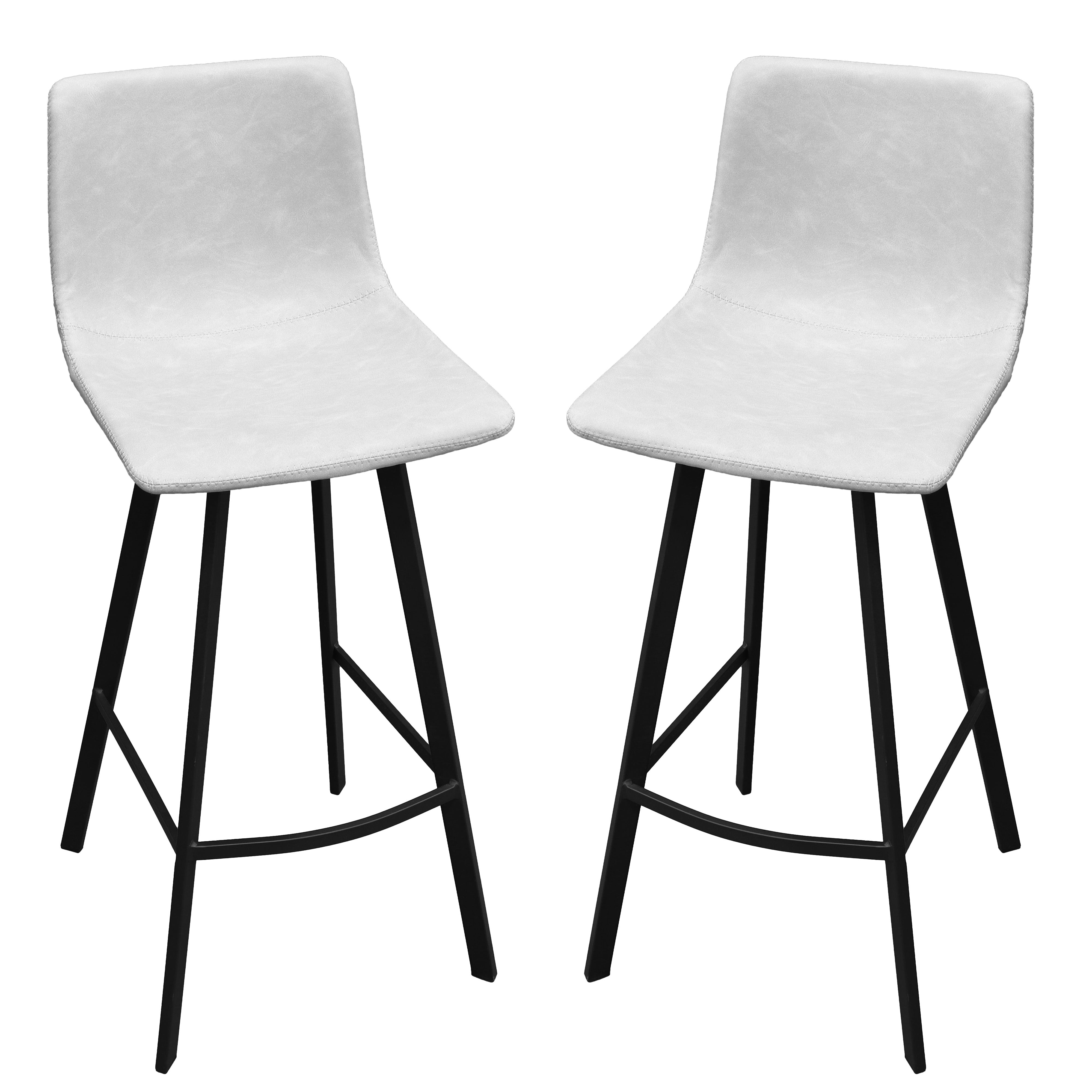 Elland Modern Upholstered Leather Bar Stool With Iron Legs & Footrest Set of 2, Light Grey