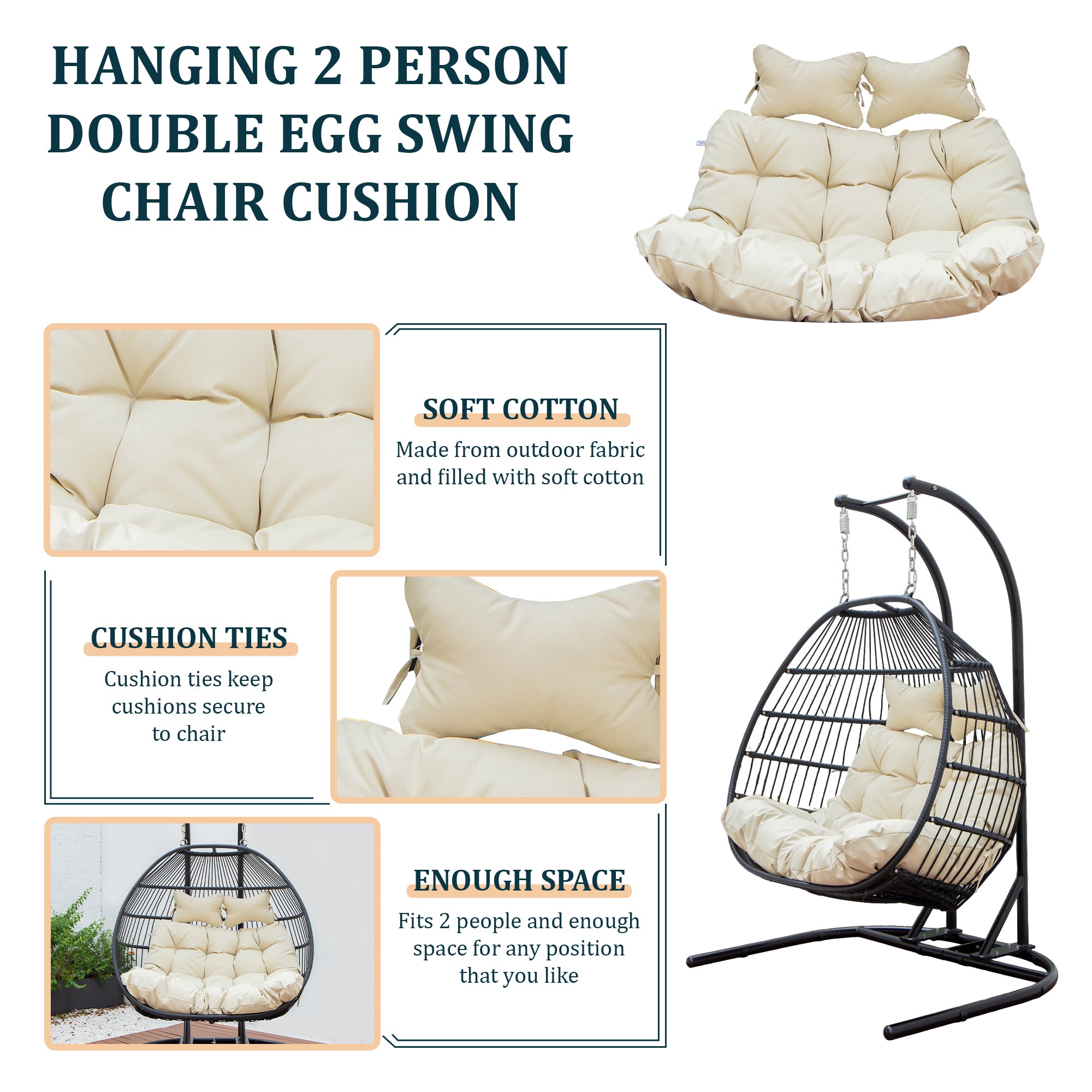 Wicker 2 Person Double Folding Hanging Egg Swing Cushion