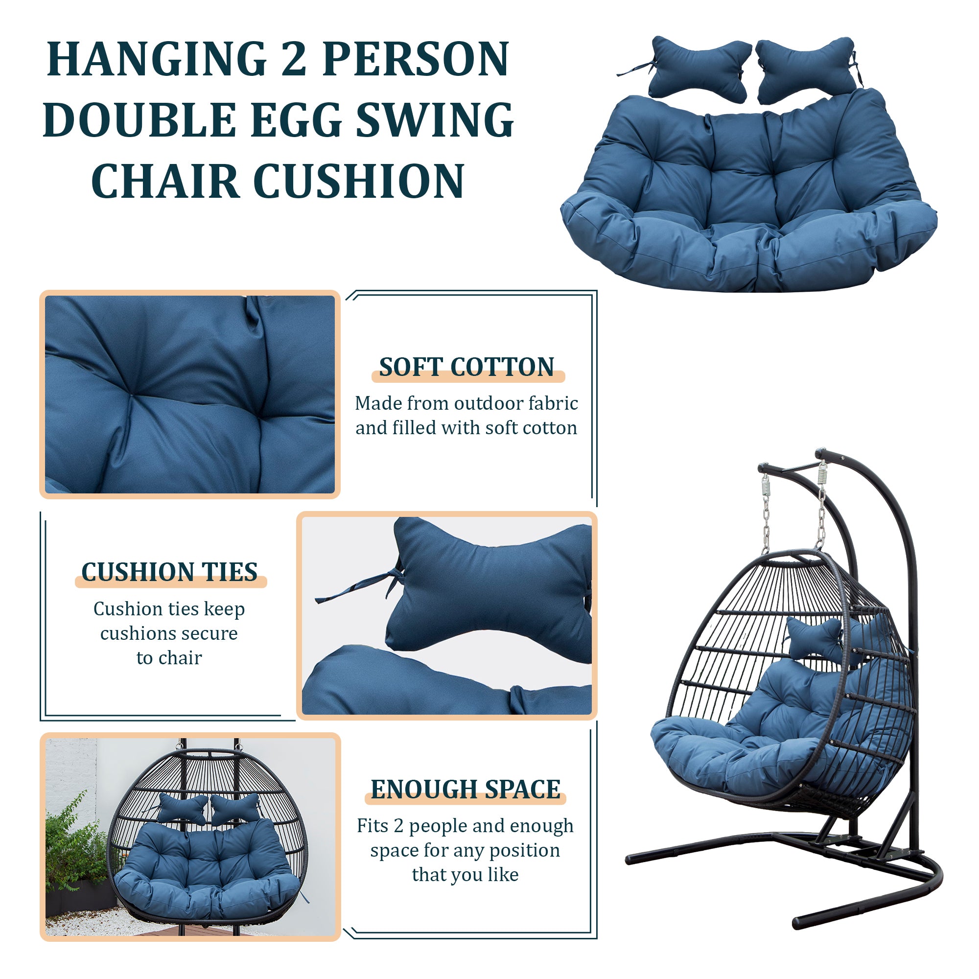 Wicker 2 Person Double Folding Hanging Egg Swing Cushion