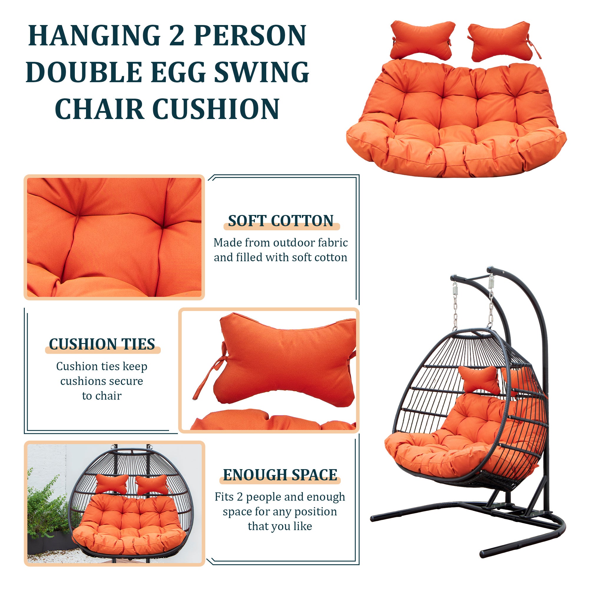 Wicker 2 Person Double Folding Hanging Egg Swing Cushion