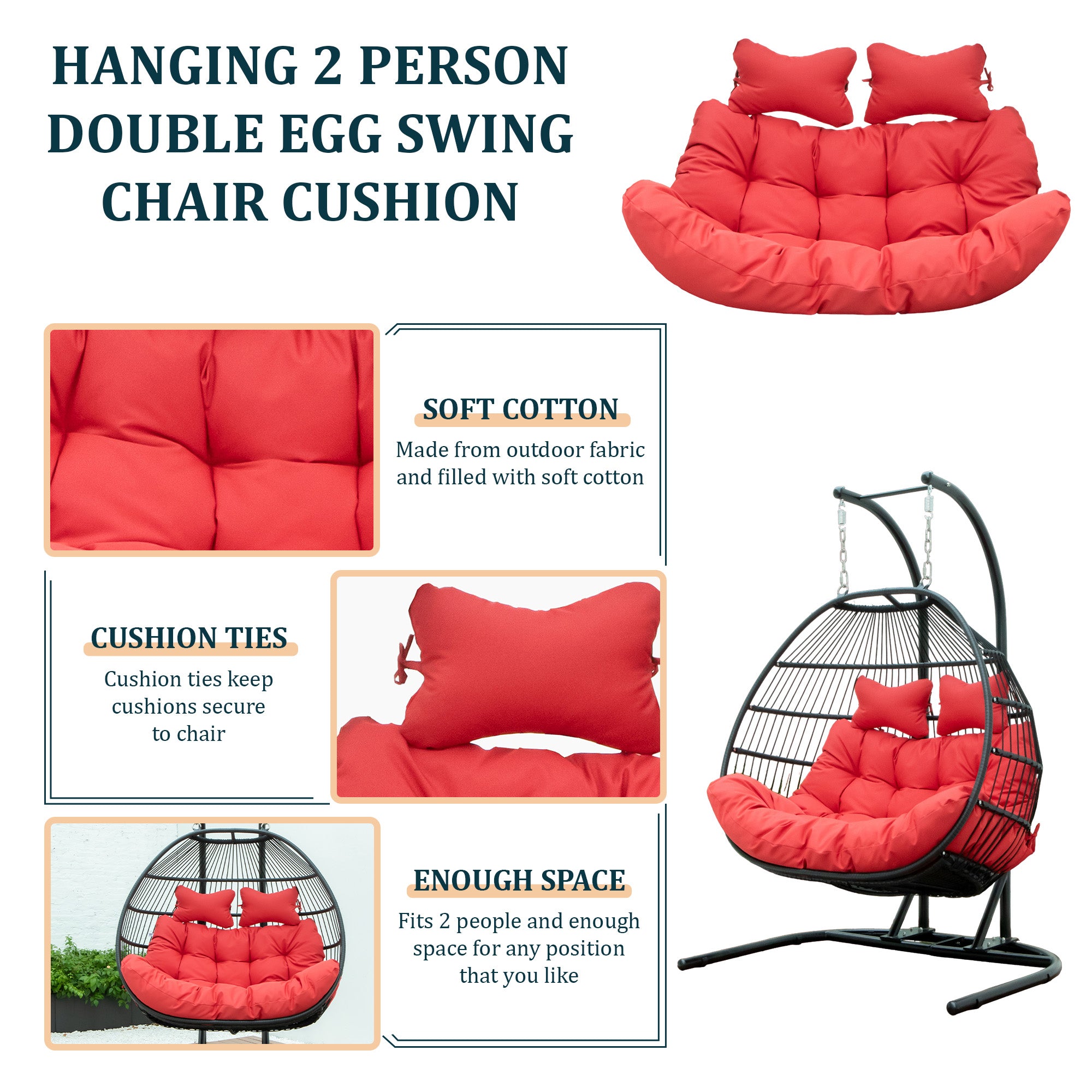 Wicker 2 Person Double Folding Hanging Egg Swing Cushion