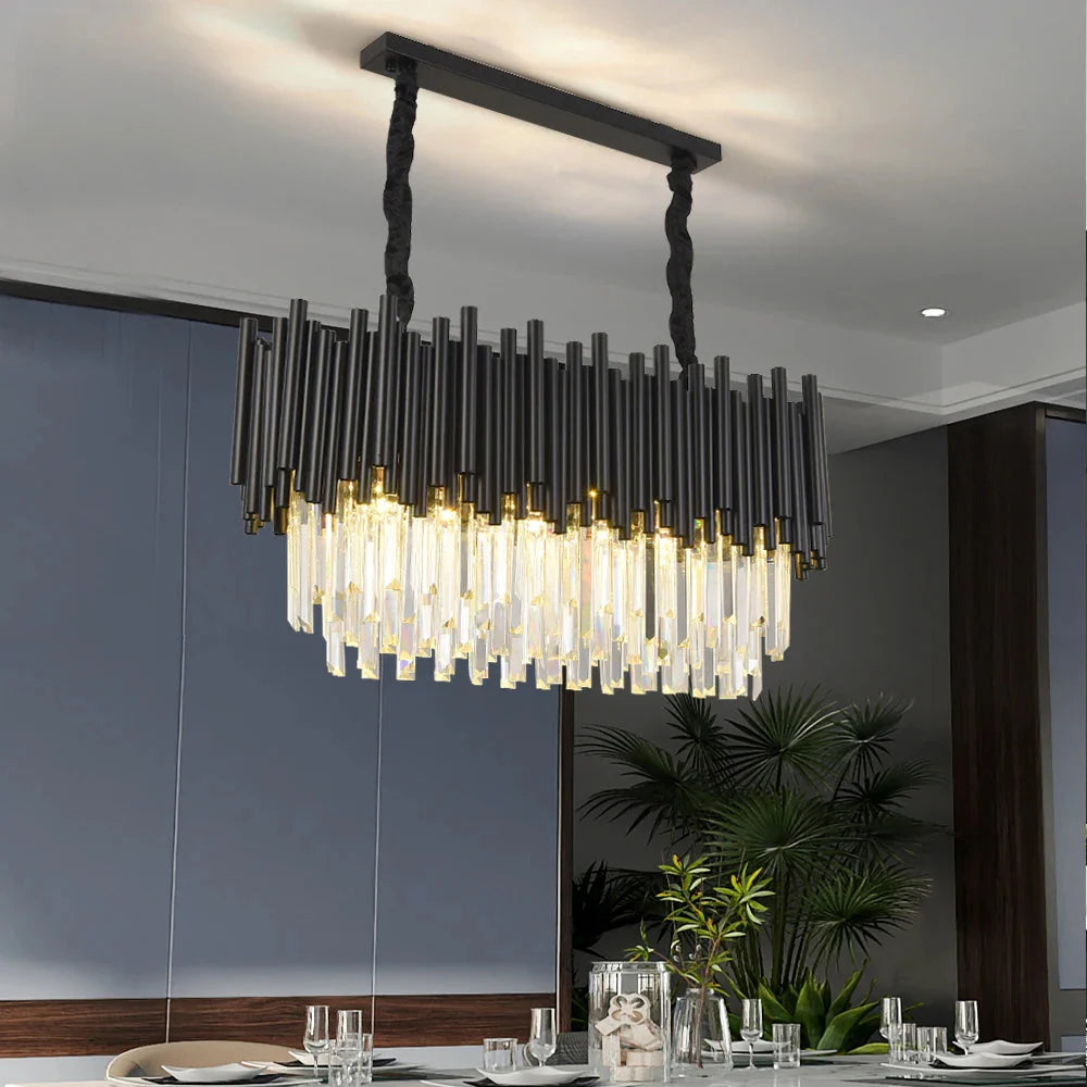 Finn Modern Black Linear Crystal Chandelier Dining Room
