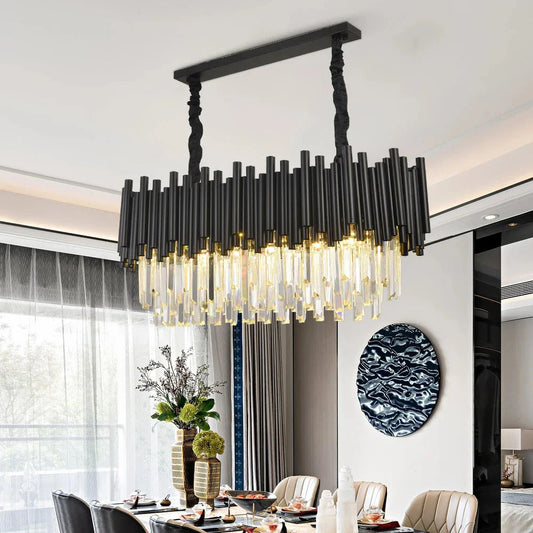 Finn Modern Black Linear Crystal Chandelier Dining Room