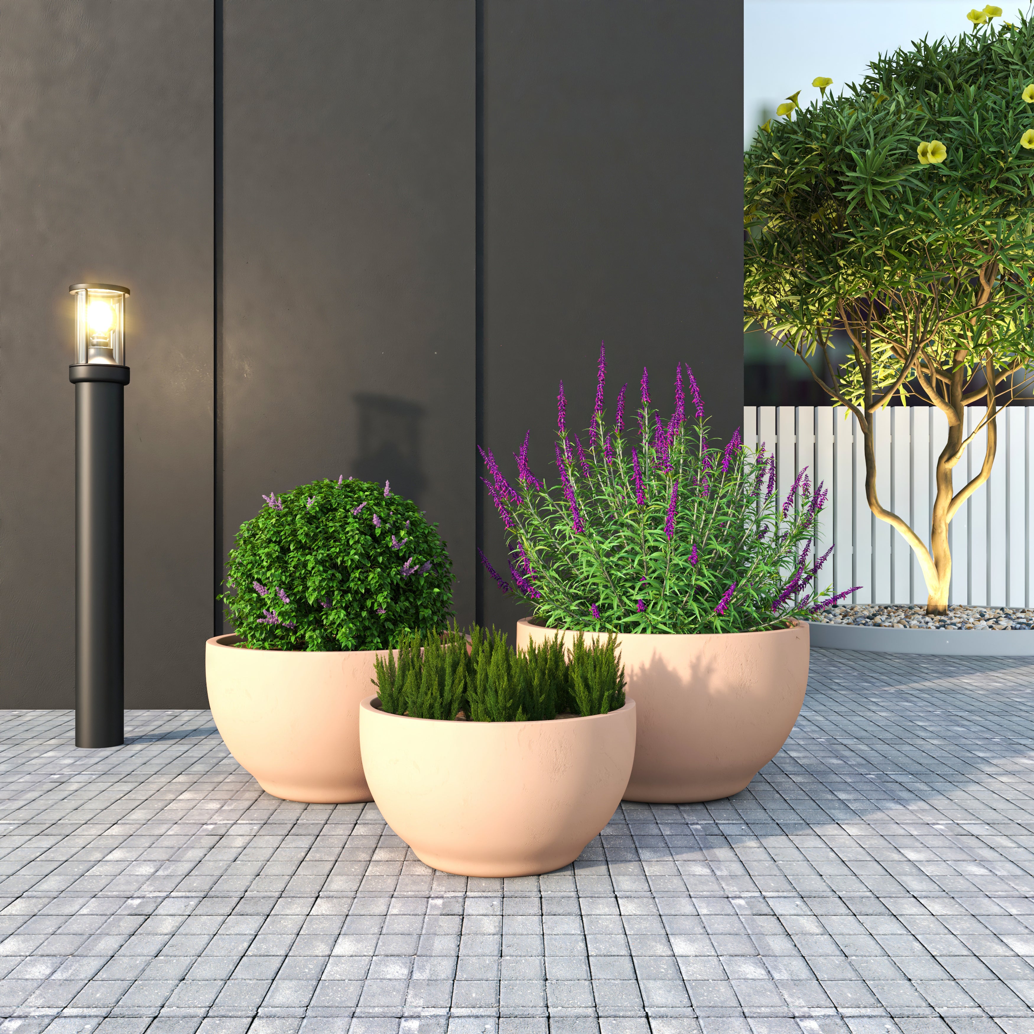 Grove Series Poly Stone Planter Set in Aged Concrete