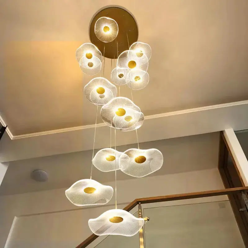 Gold Acrylic Flower Led Chandelier For Stairwell, Staircase