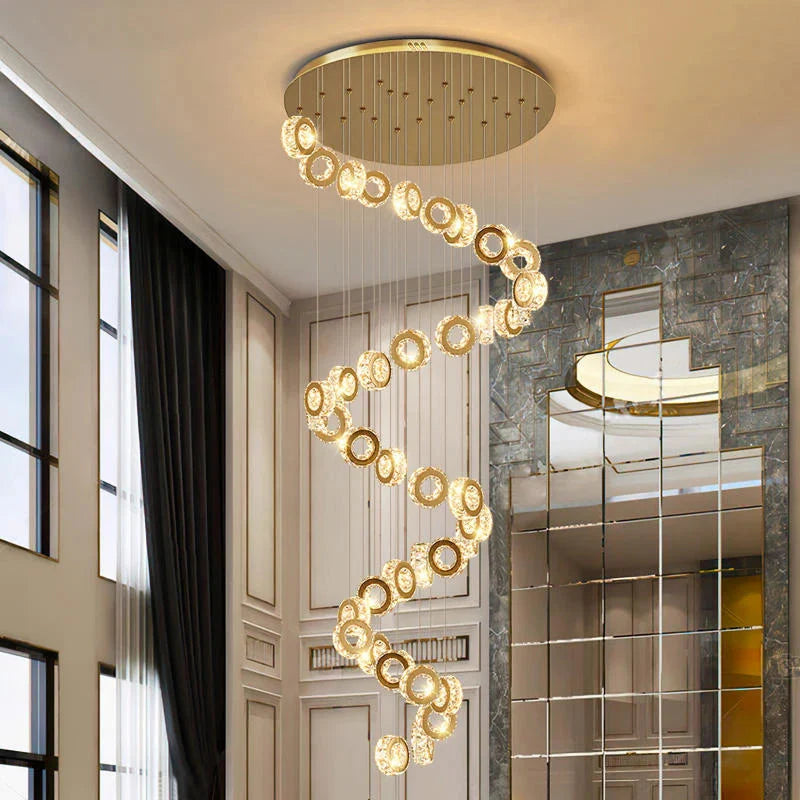 Gold Crystal Spiral Chandelier for Staircase Foyer