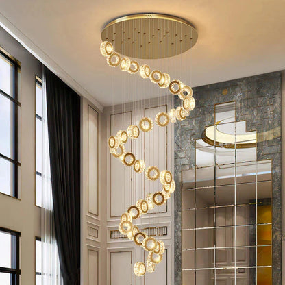 Gold Crystal Spiral Chandelier for Staircase Foyer