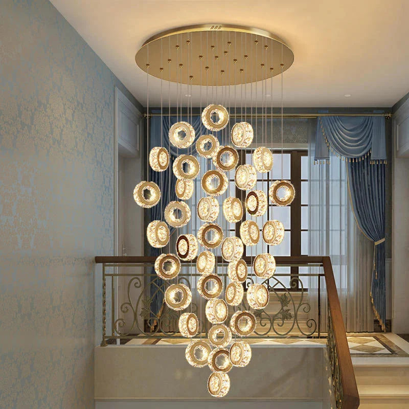 Gold Crystal Spiral Chandelier for Staircase Foyer