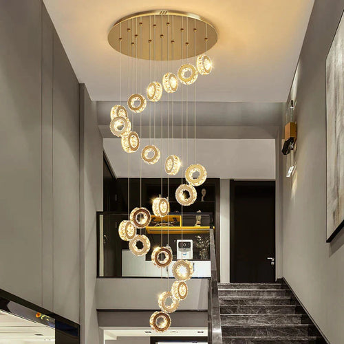 Gold Crystal Spiral Chandelier for Staircase Foyer