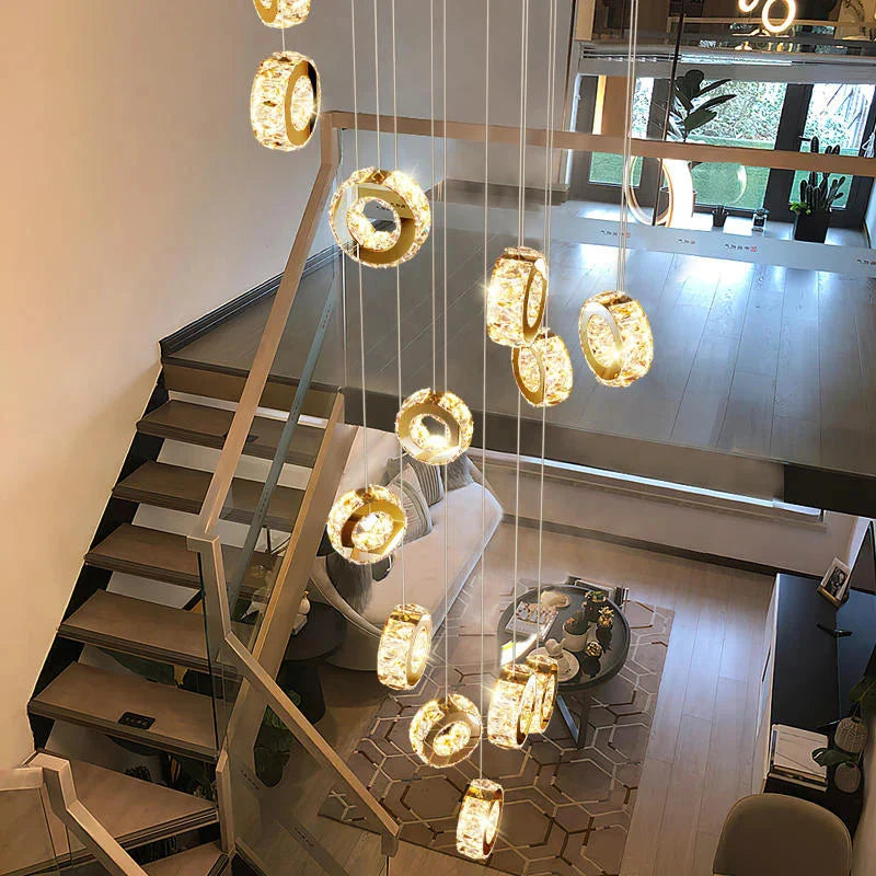 Gold Crystal Spiral Chandelier for Staircase Foyer