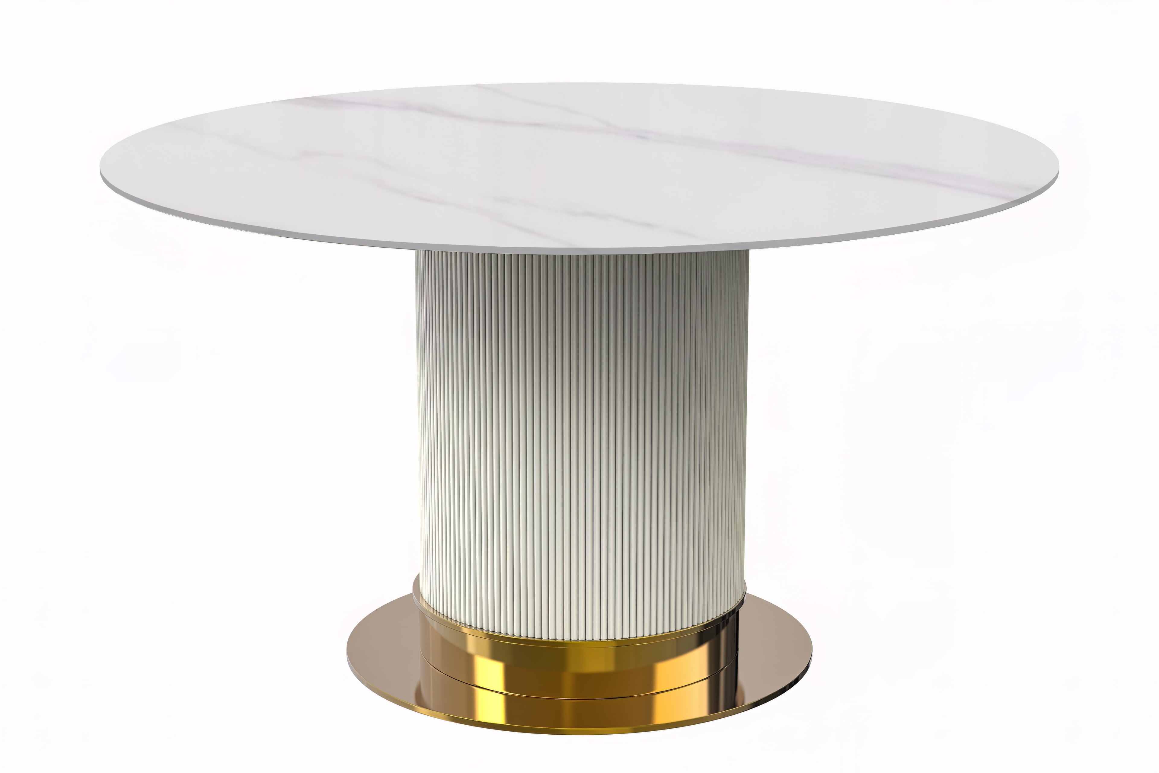 Jexis Series Round Dining Table White\Gold Base with 60 Round Solid White Sintered Stone Top