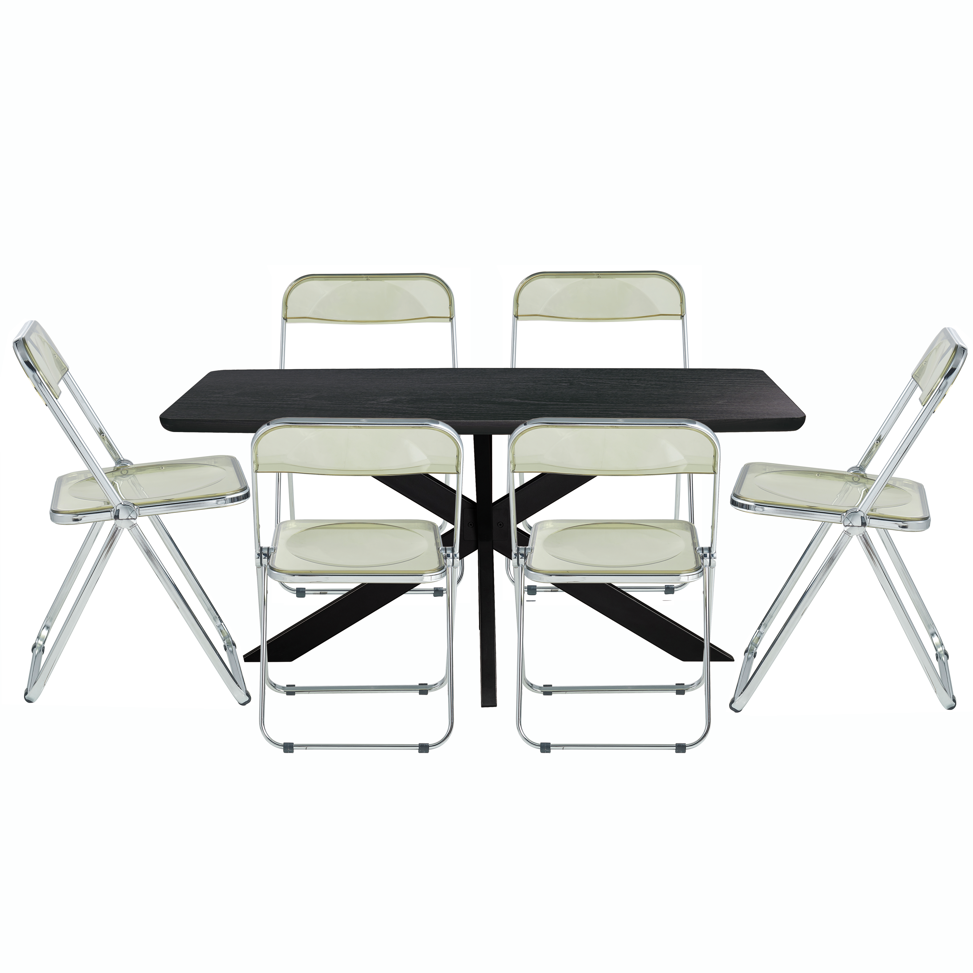 Lawrence 7-Piece Acrylic Folding Dining Chair and Rectangular Dining Table with Geometic Base Set in Amber