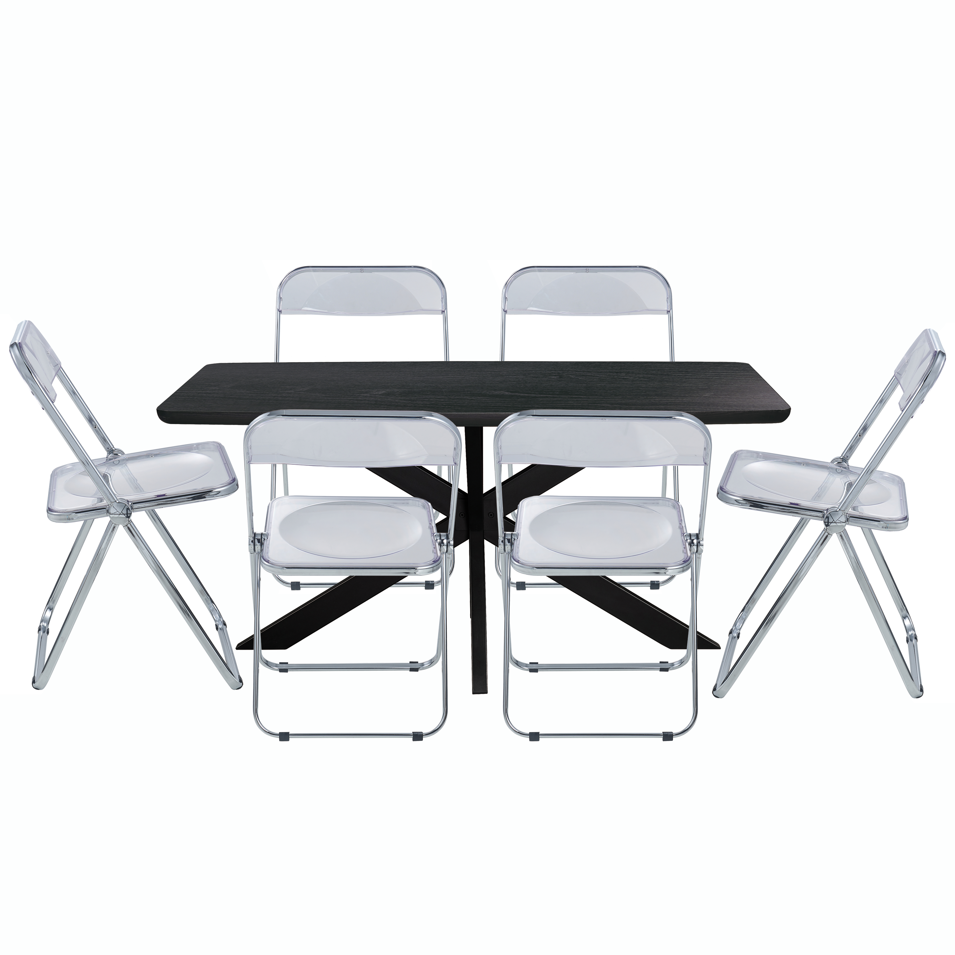 Lawrence 7-Piece Acrylic Folding Dining Chair and Rectangular Dining Table with Geometic Base Set in Amber