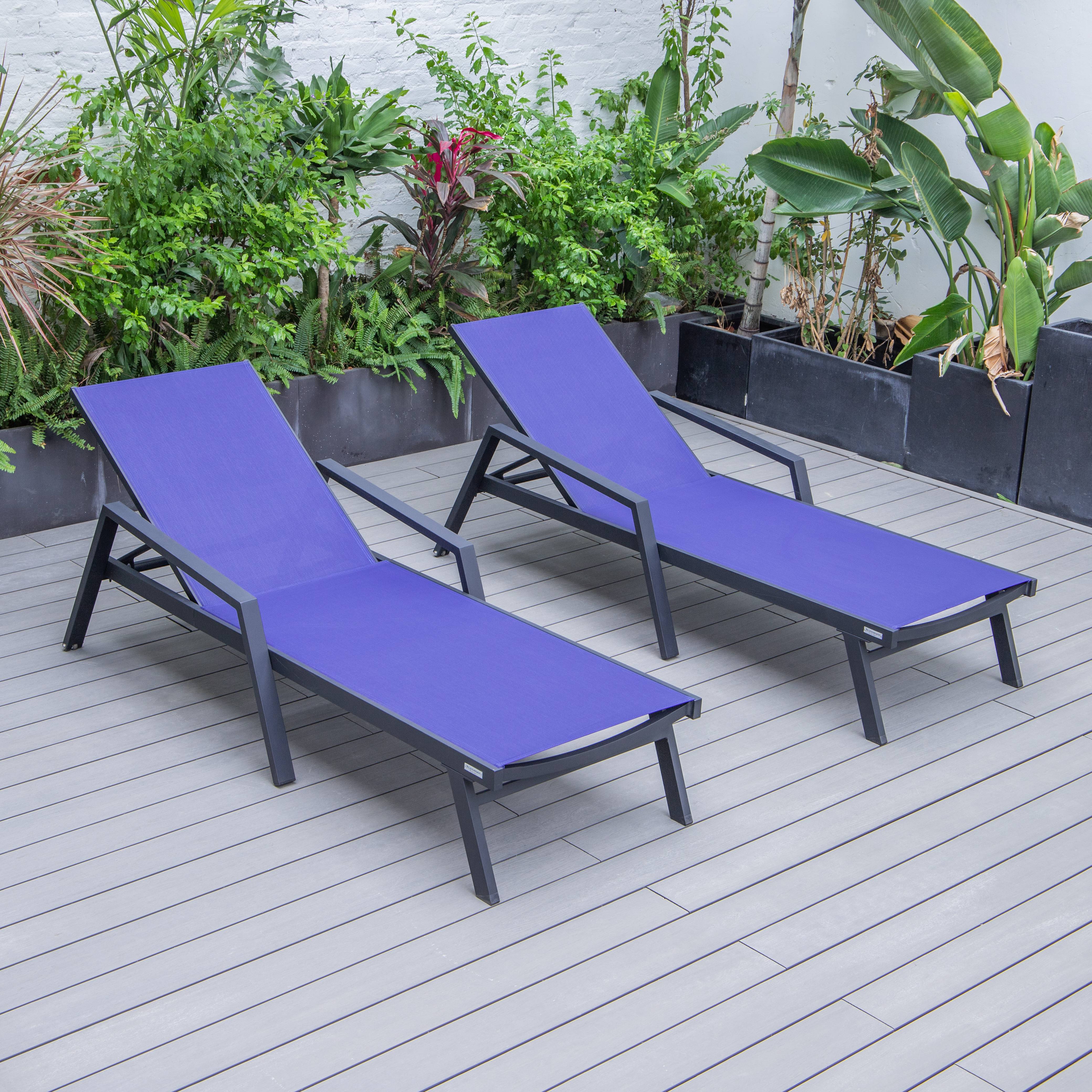 Marlin Patio Chaise Lounge Chair With Armrests in Black Aluminum Frame, Set of 2 in Navy Blue