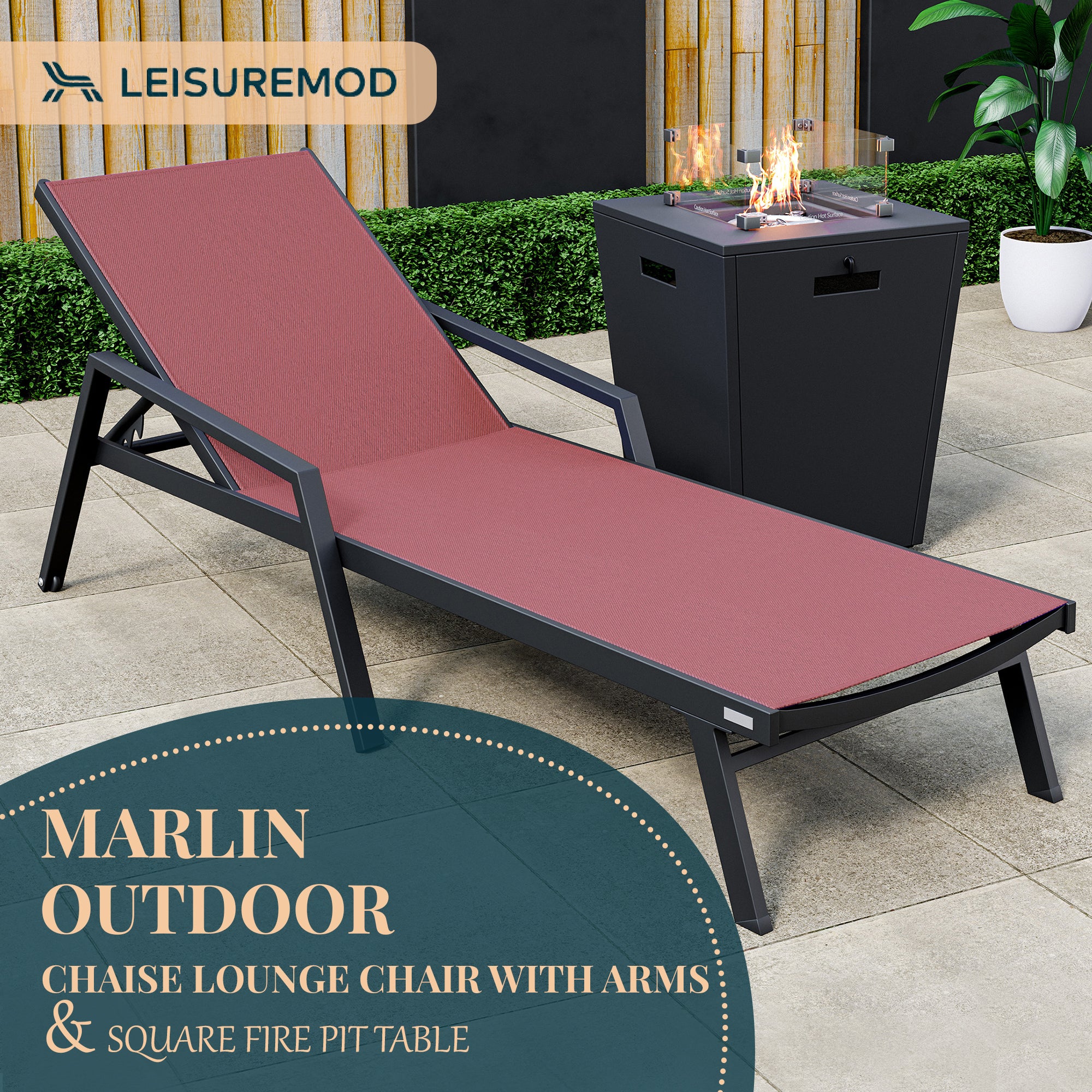 Marlin Modern Black Aluminum Outdoor Patio Chaise Lounge Chair With Arms and Square Fire Pit Side Table Perfect for Patio, Lawn, and Garden