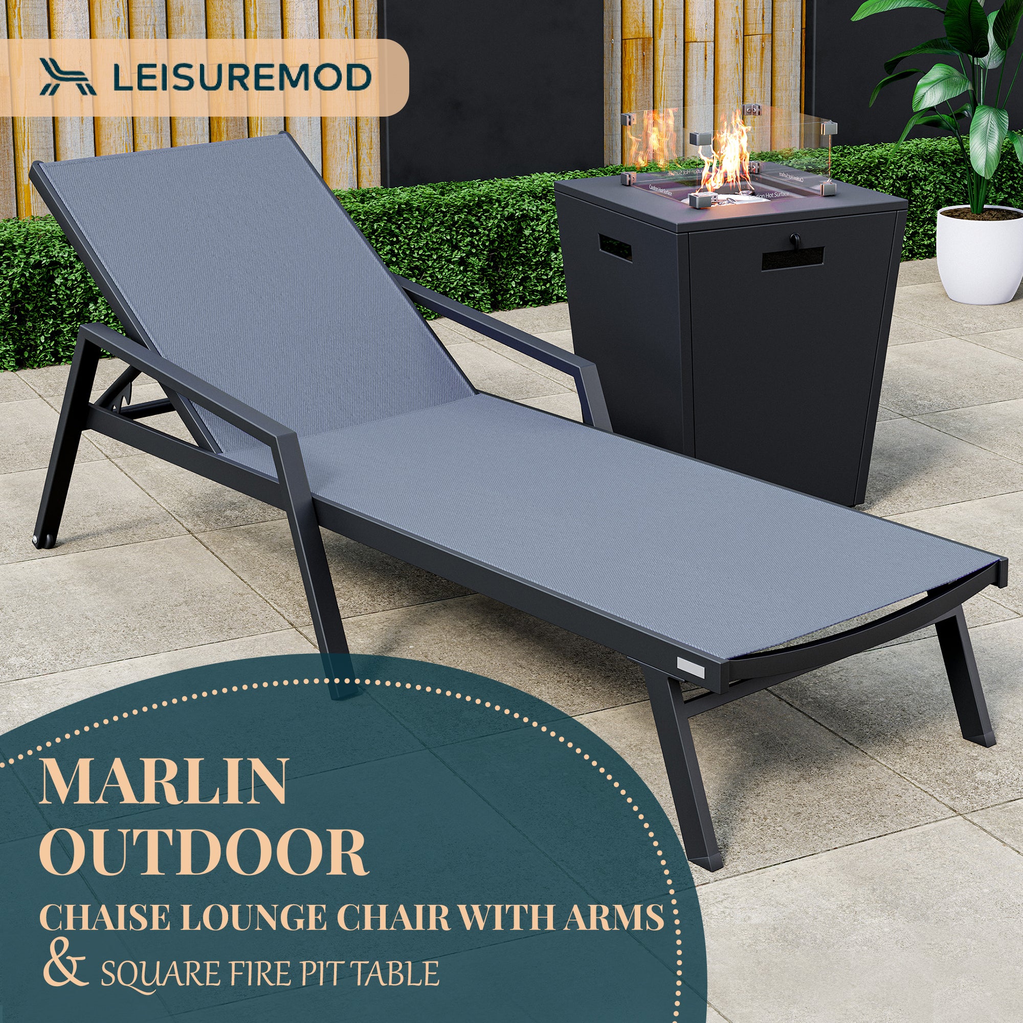 Marlin Modern Black Aluminum Outdoor Patio Chaise Lounge Chair With Arms and Square Fire Pit Side Table Perfect for Patio, Lawn, and Garden