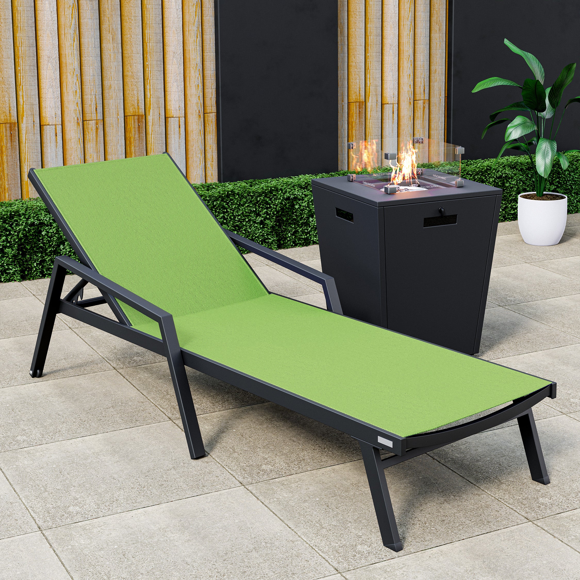 Marlin Modern Black Aluminum Outdoor Patio Chaise Lounge Chair With Arms and Square Fire Pit Side Table Perfect for Patio, Lawn, and Garden