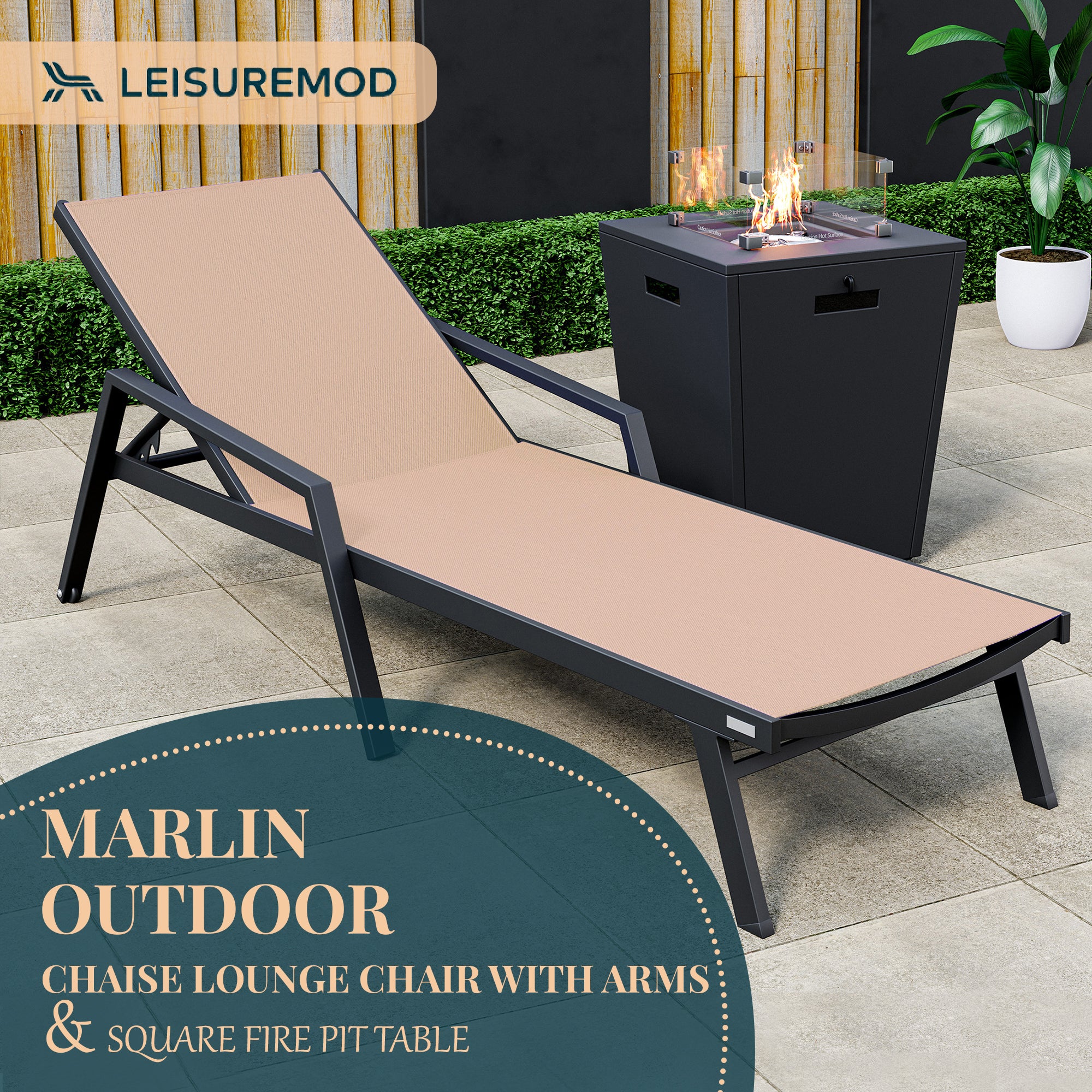 Marlin Modern Black Aluminum Outdoor Patio Chaise Lounge Chair With Arms and Square Fire Pit Side Table Perfect for Patio, Lawn, and Garden